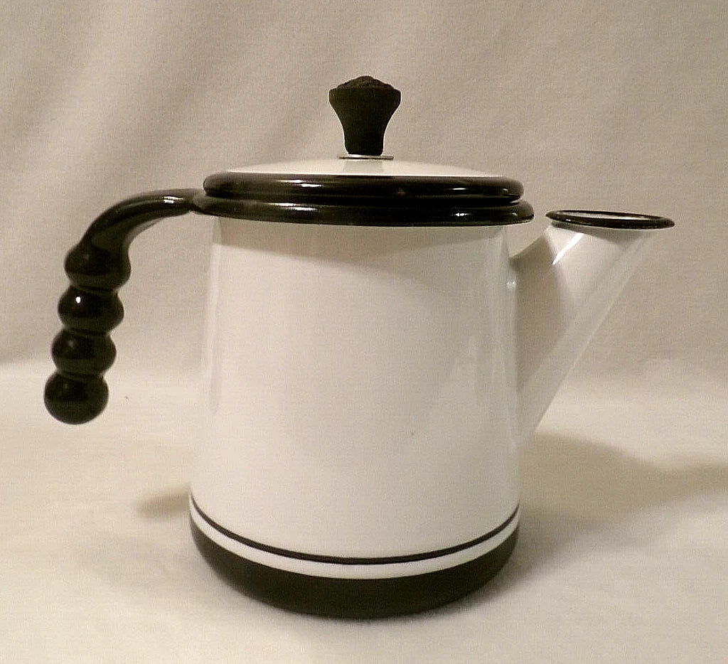 VINTAGE ENAMEL COATED METAL TEAPOT - BLACK and WHITE - 1 Quart/32 oz. | eBay