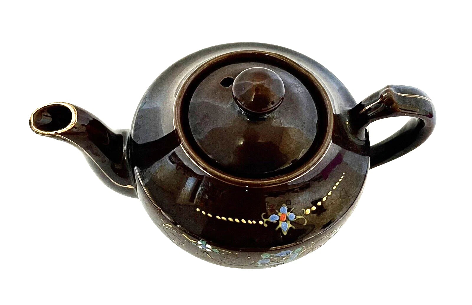 Redware Small Teapot Gold Trim Hand Painted Enamel Flowers Vintage Japan | eBay