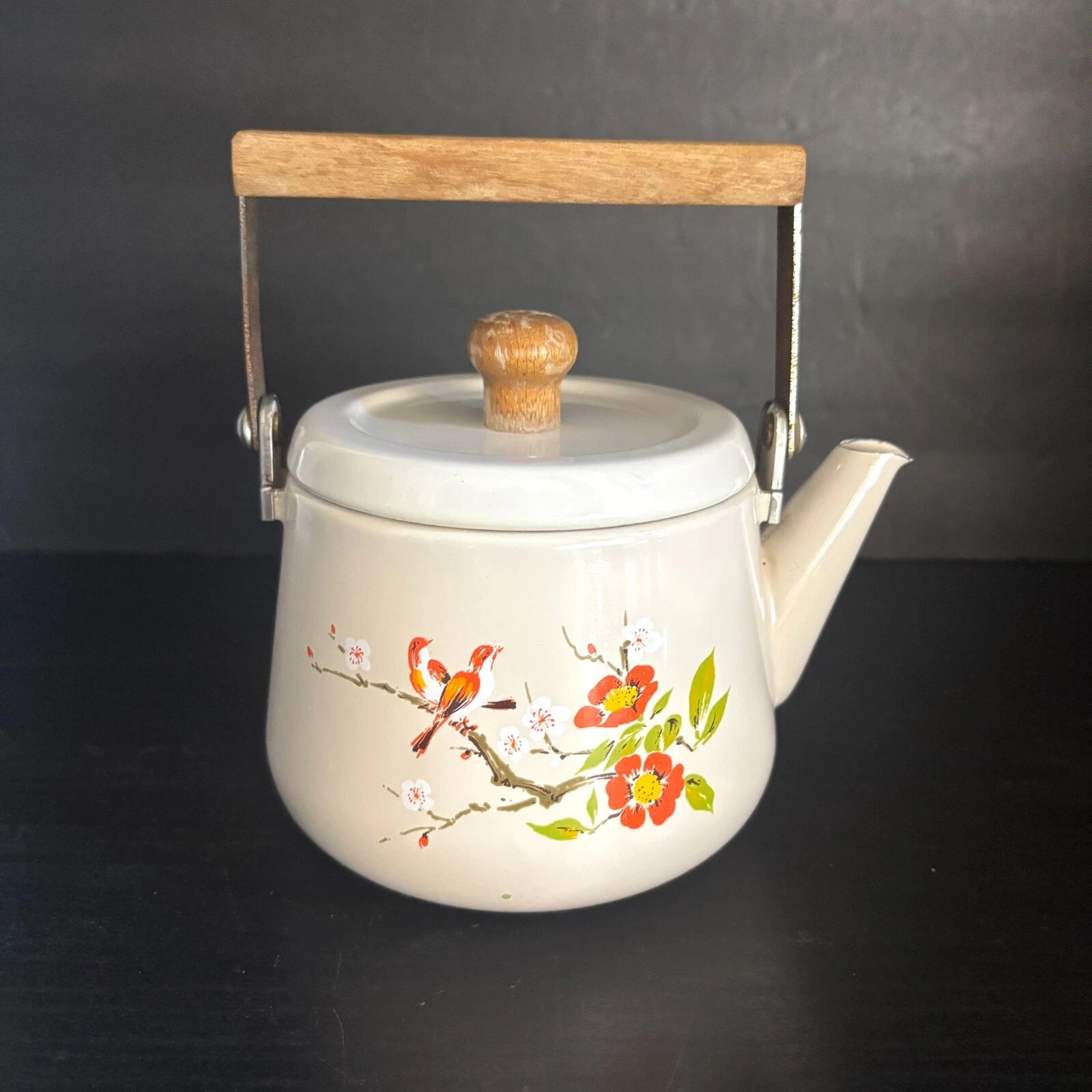 Vintage Enamel Tea Pot Kettle 5 Cup Birds Orange Floral Wood Handle & Knob | eBay