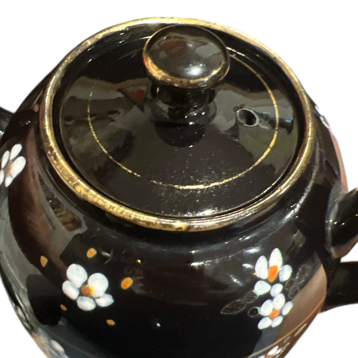 Vintage Black Glazed Teapot with Hand Painted Enamel Flowers & Gold Trim c1930s | eBay