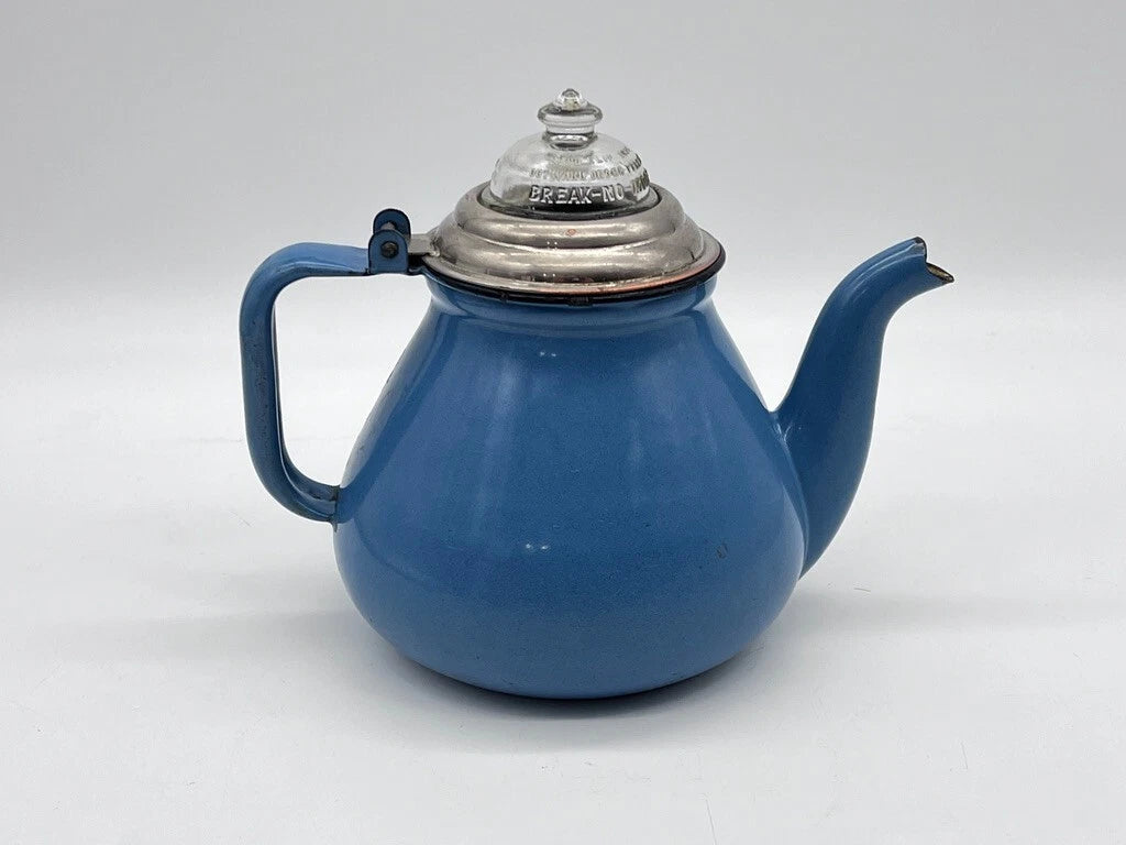 Vintage Antique Blue Enamel Ware Teapot with BREAK NO MORE Glass Lid Tea Kettle | eBay