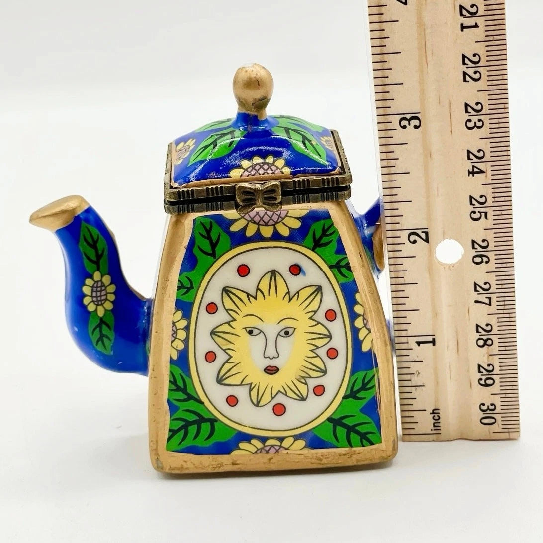 Miniature Blue Enamel Teapot Yellow Sun Face with Sunflower Charm Porcelain 3.5” | eBay