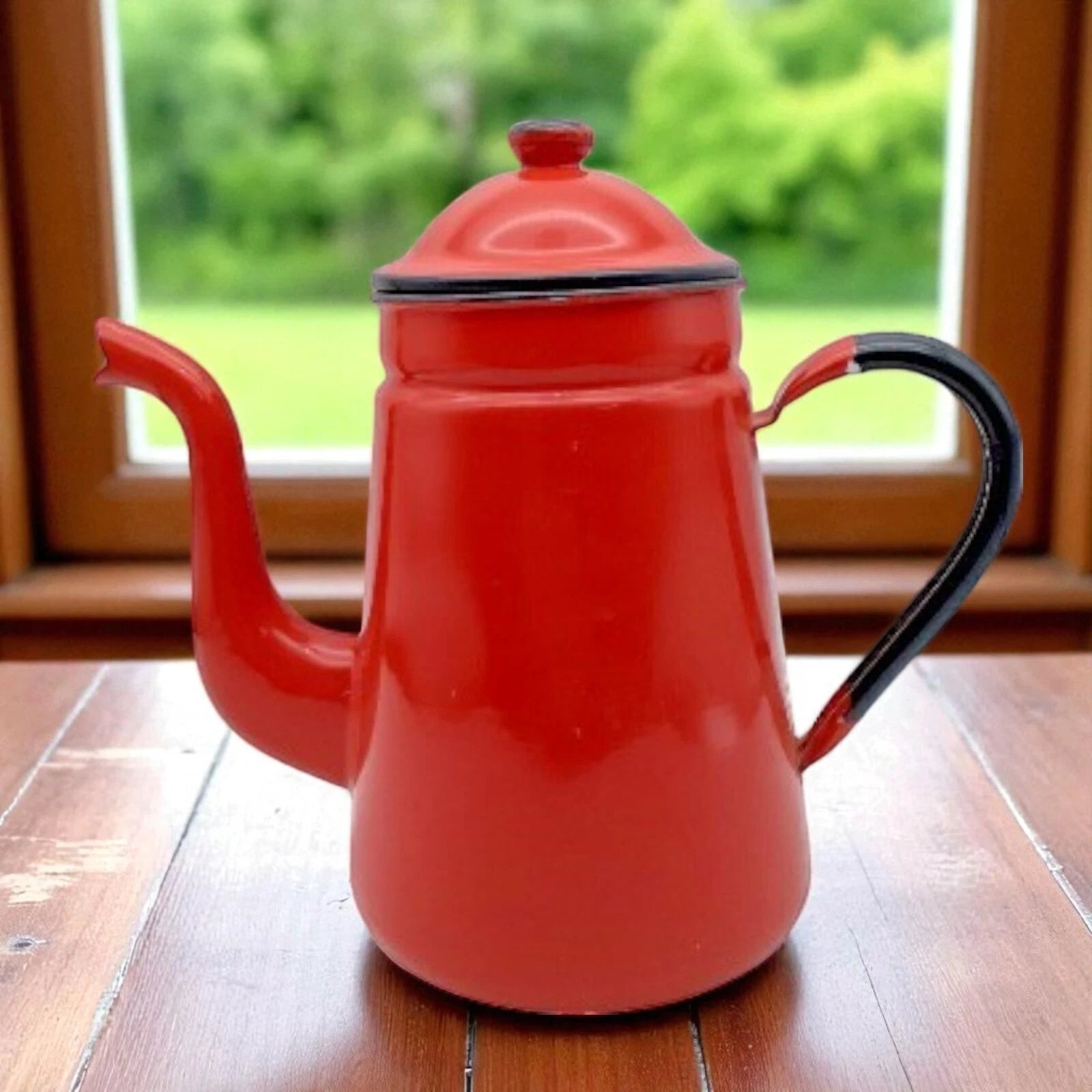 Red Enamel Teapot 9" Metal Enamelware Farmhouse Country Vintage Japan | eBay