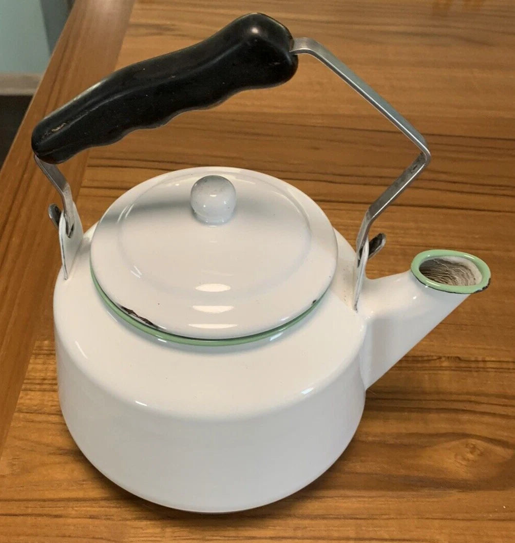 Vintage White Enamelware Tea Kettle Teapot Green Trim Farmhouse Cottage Core | eBay