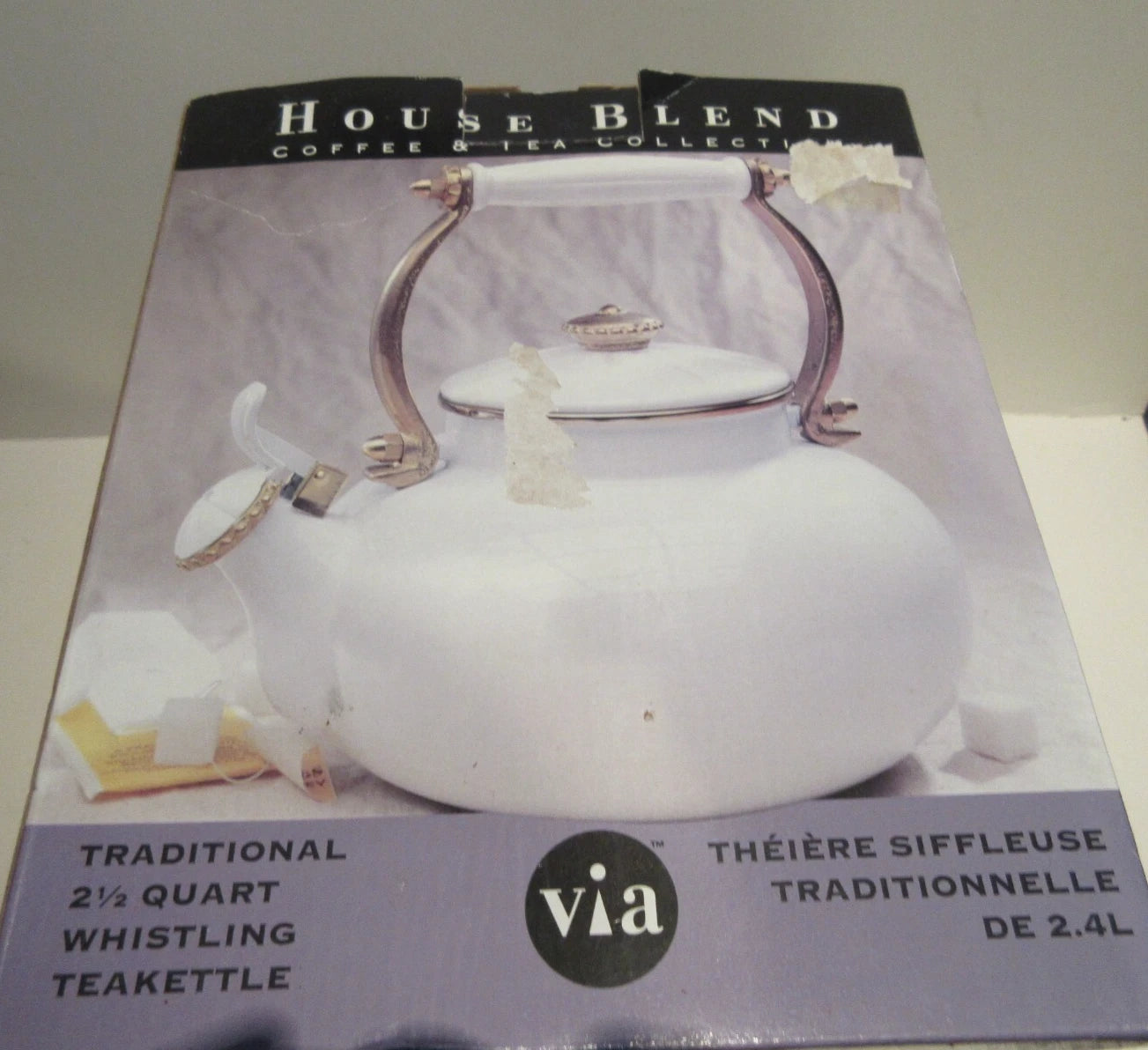 Via Ancona Teapot White Enamel and Antique Brass Finish Whistling Kettle 1998 | eBay