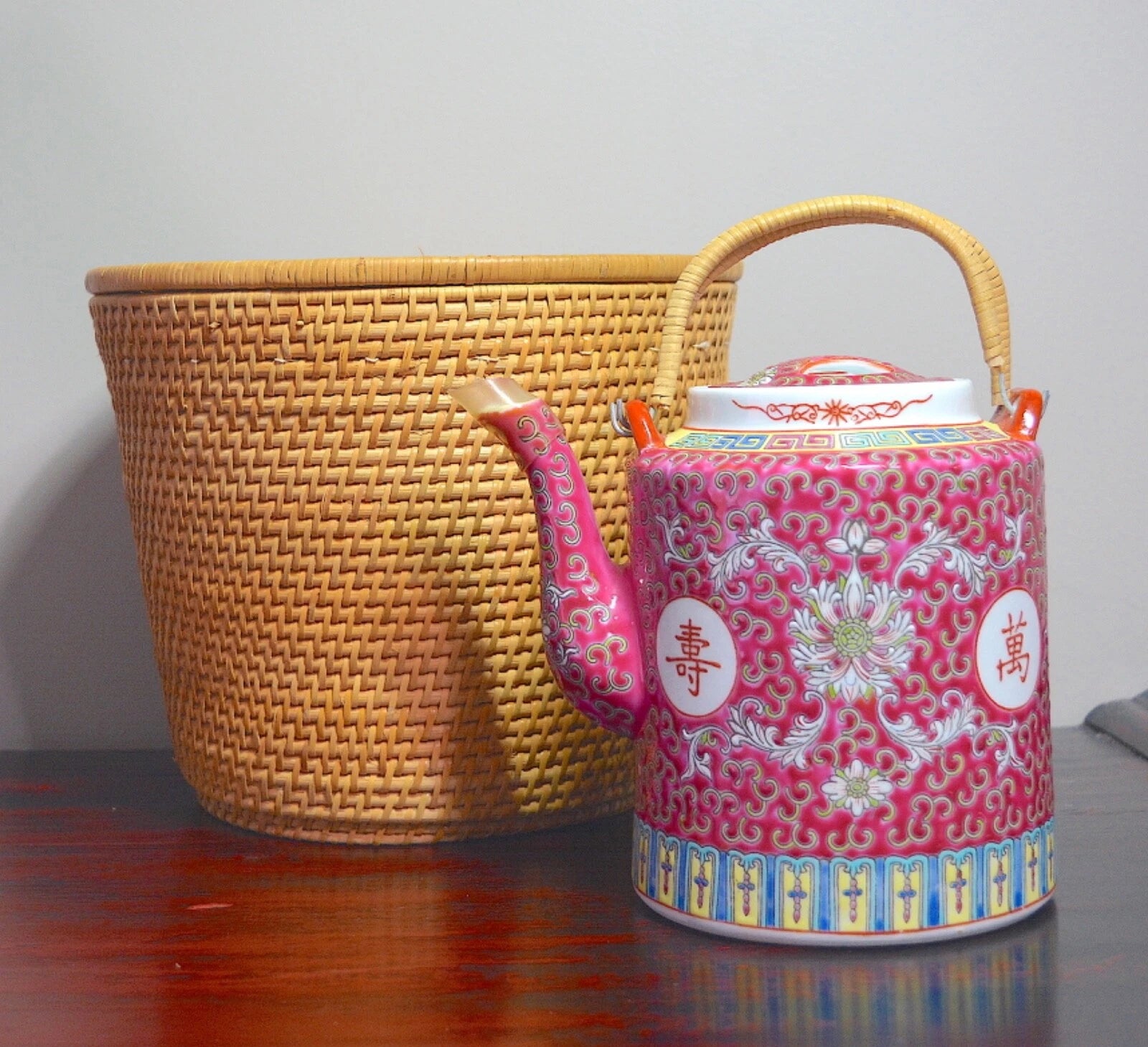 Chinese Famille Rose Enameled Porcelain Tea Pot Early 20thC Extra Lid & Basket | eBay