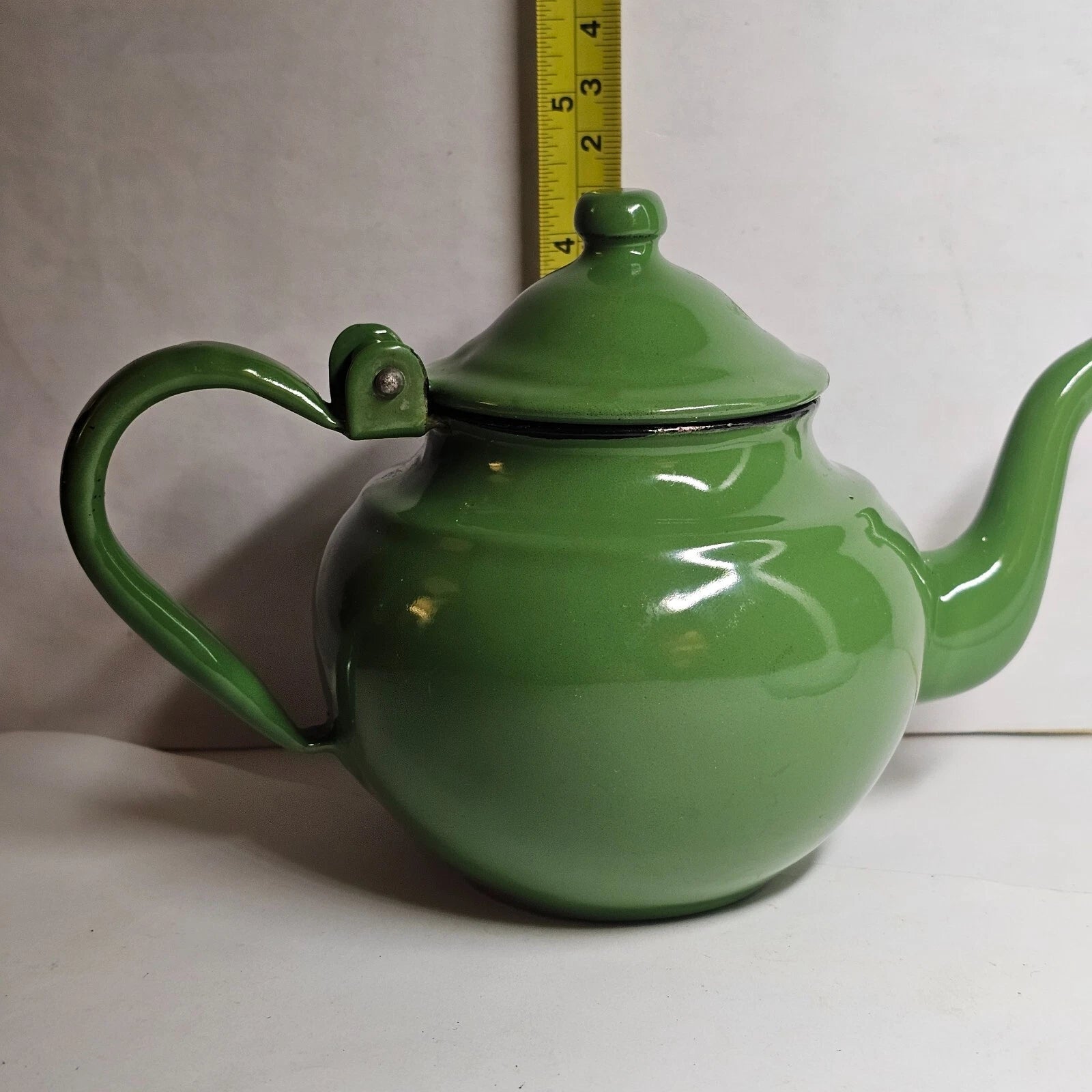 SMALL GREEN ENAMEL TEAPOT PITCHER POT PORCELAIN METAL w/ LID WHITE BLACK ANTIQUE | eBay