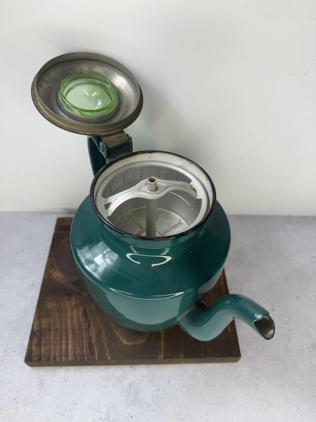 Vintage Enamelware Green teapot kettle uranium glass lid | eBay