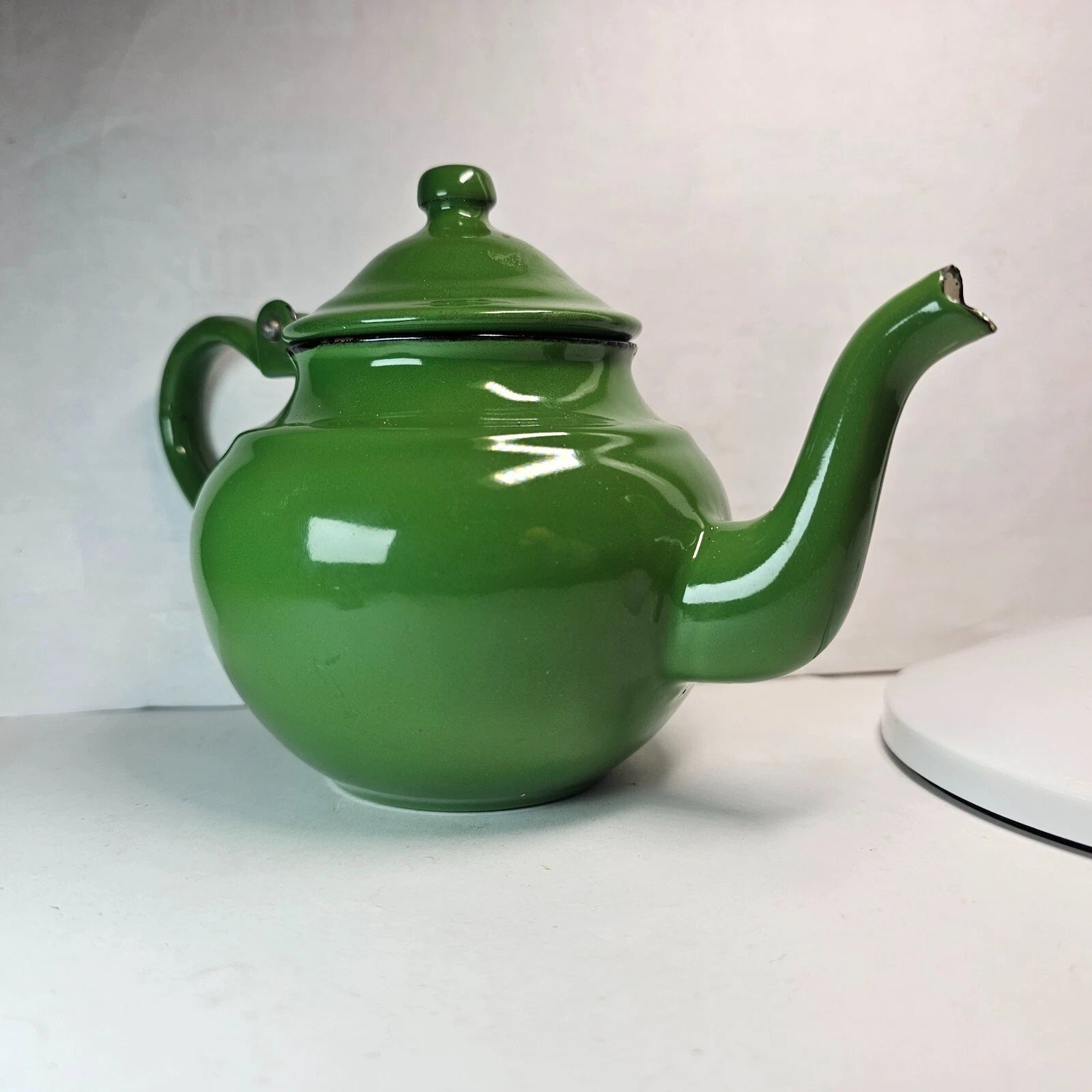 SMALL GREEN ENAMEL TEAPOT PITCHER POT PORCELAIN METAL w/ LID WHITE BLACK ANTIQUE | eBay