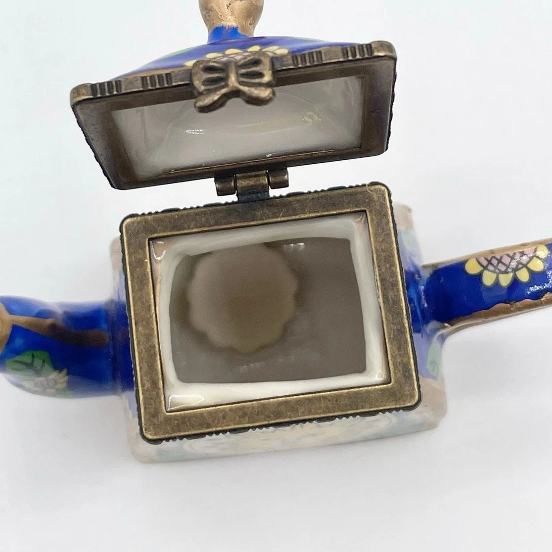 Miniature Blue Enamel Teapot Yellow Sun Face with Sunflower Charm Porcelain 3.5” | eBay
