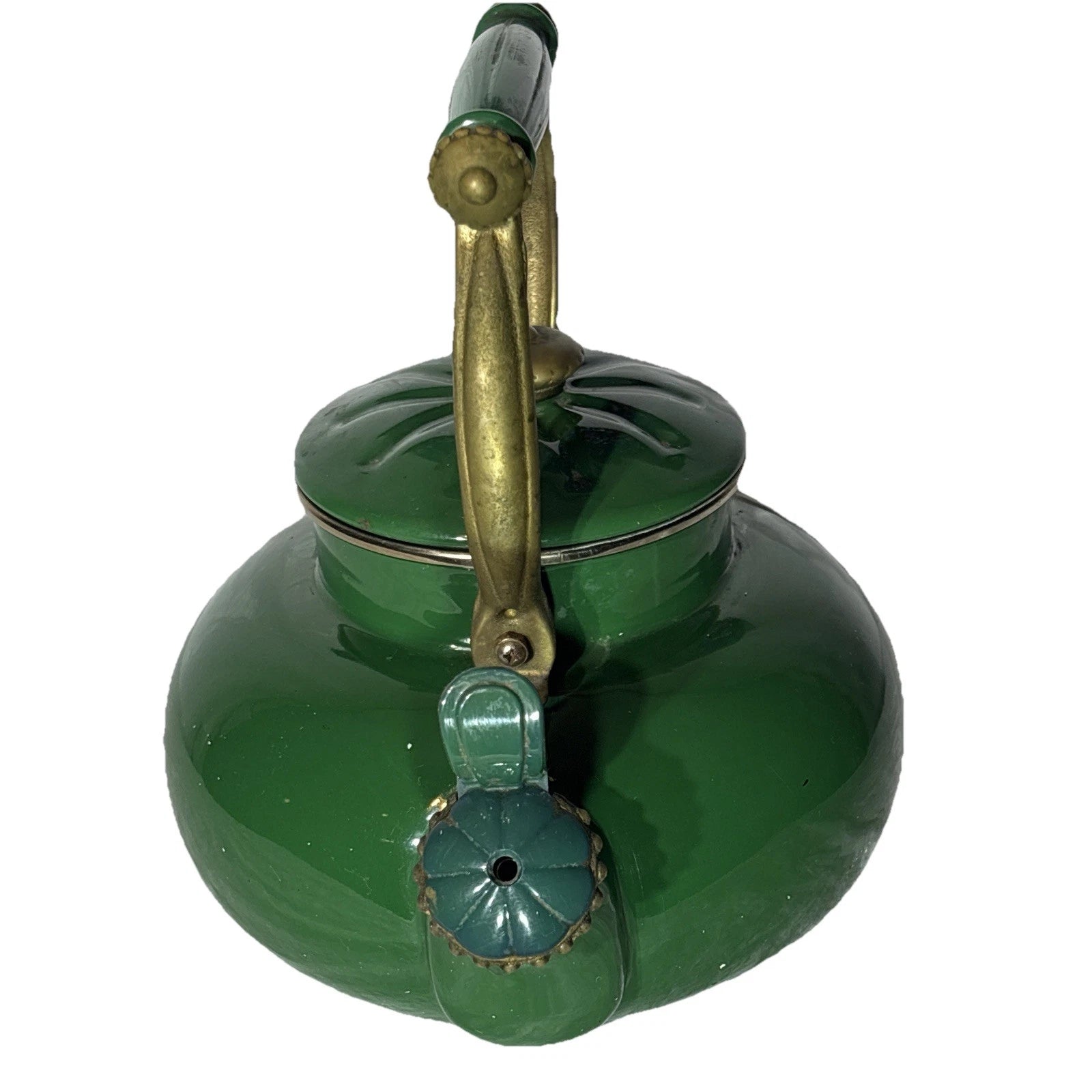 Vtg Ancona green enamel stainless steel teapot kettle/ brass handle, decorative | eBay