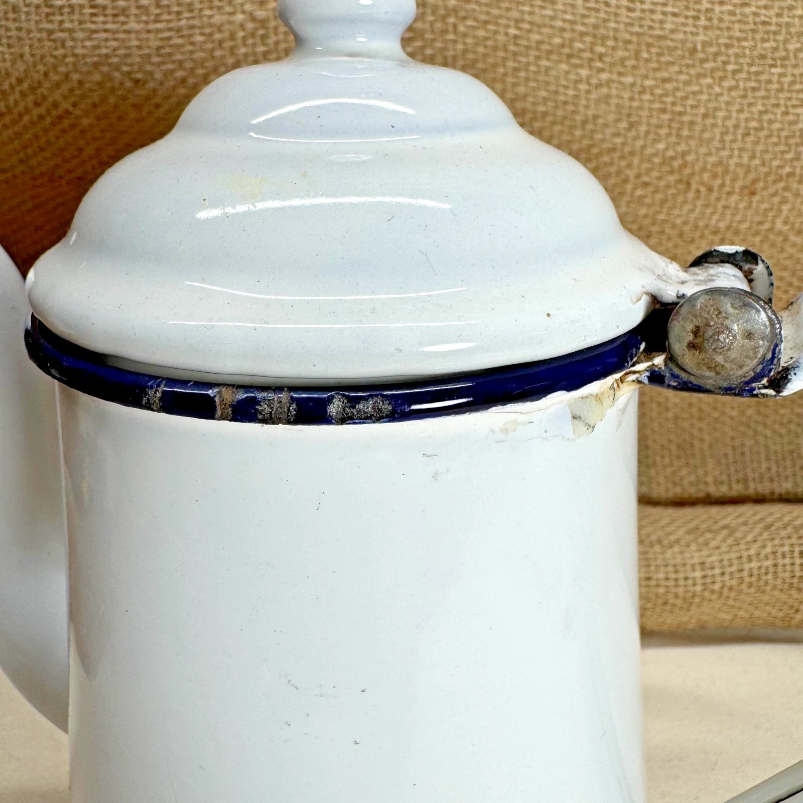 Vintage Enamel Coffee Tea Pot w Goose Neck Spout White w Blue Rim | eBay