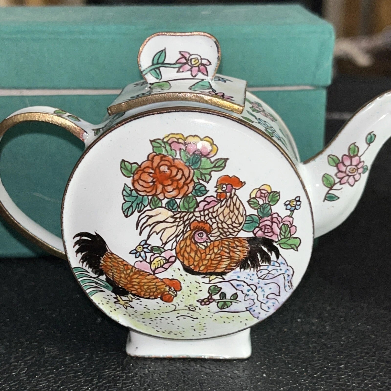 Porcelain Enamel Over Copper Mini Tea Pot With Roosters By Chinemel Fast Ship | eBay