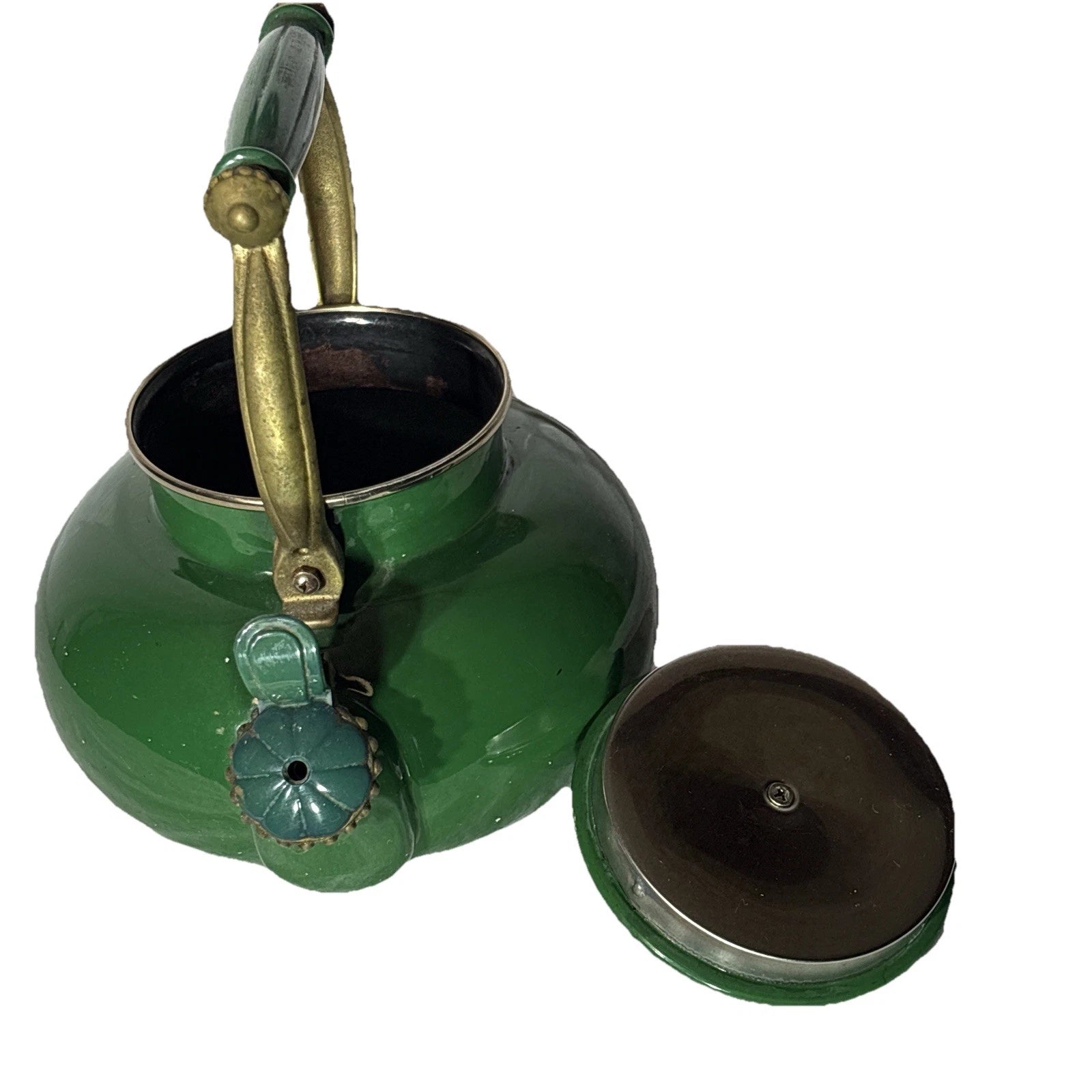 Vtg Ancona green enamel stainless steel teapot kettle/ brass handle, decorative | eBay