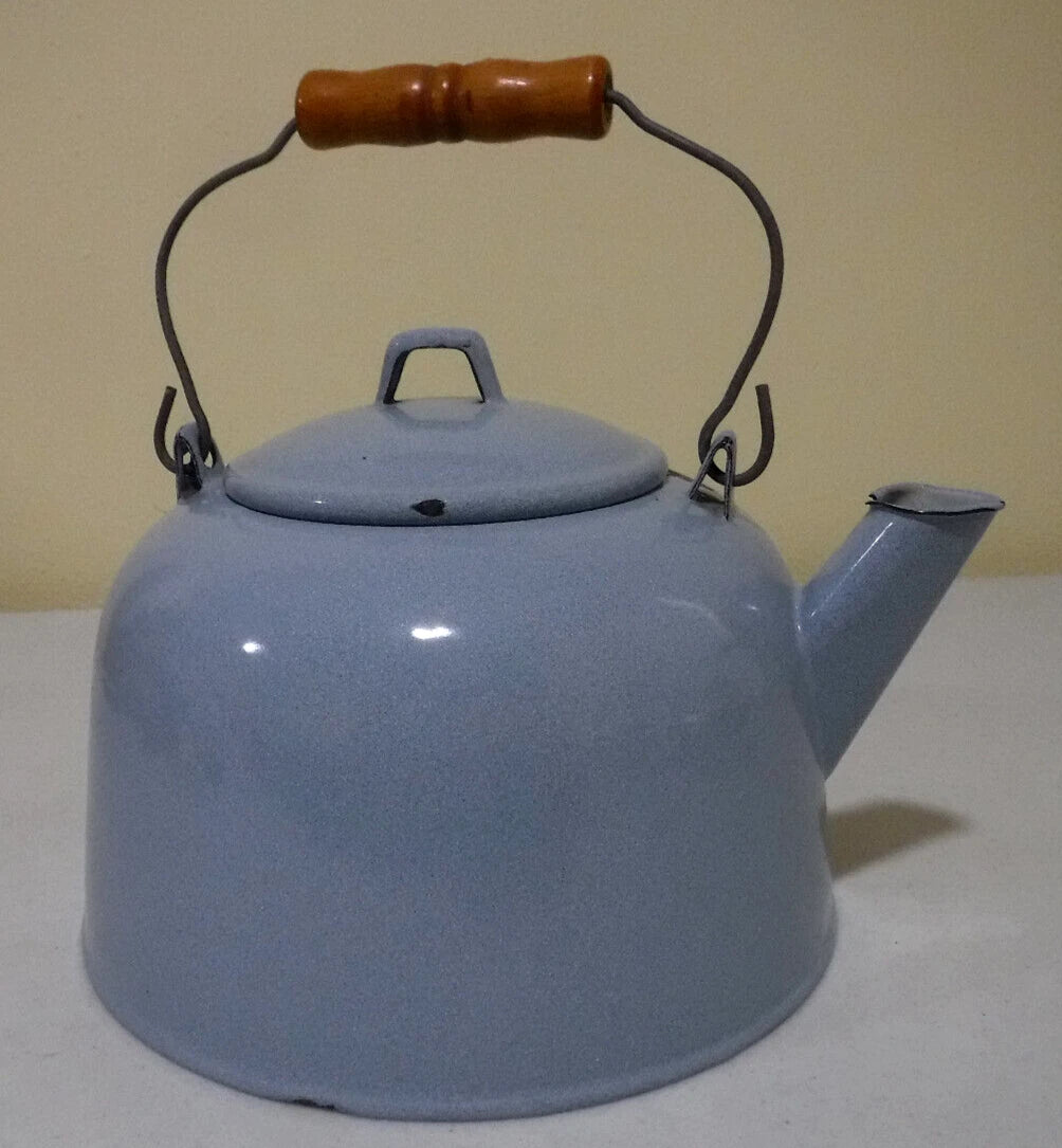 Vintage Enamel Light Blue Speckled Teapot with Wood Handle | eBay