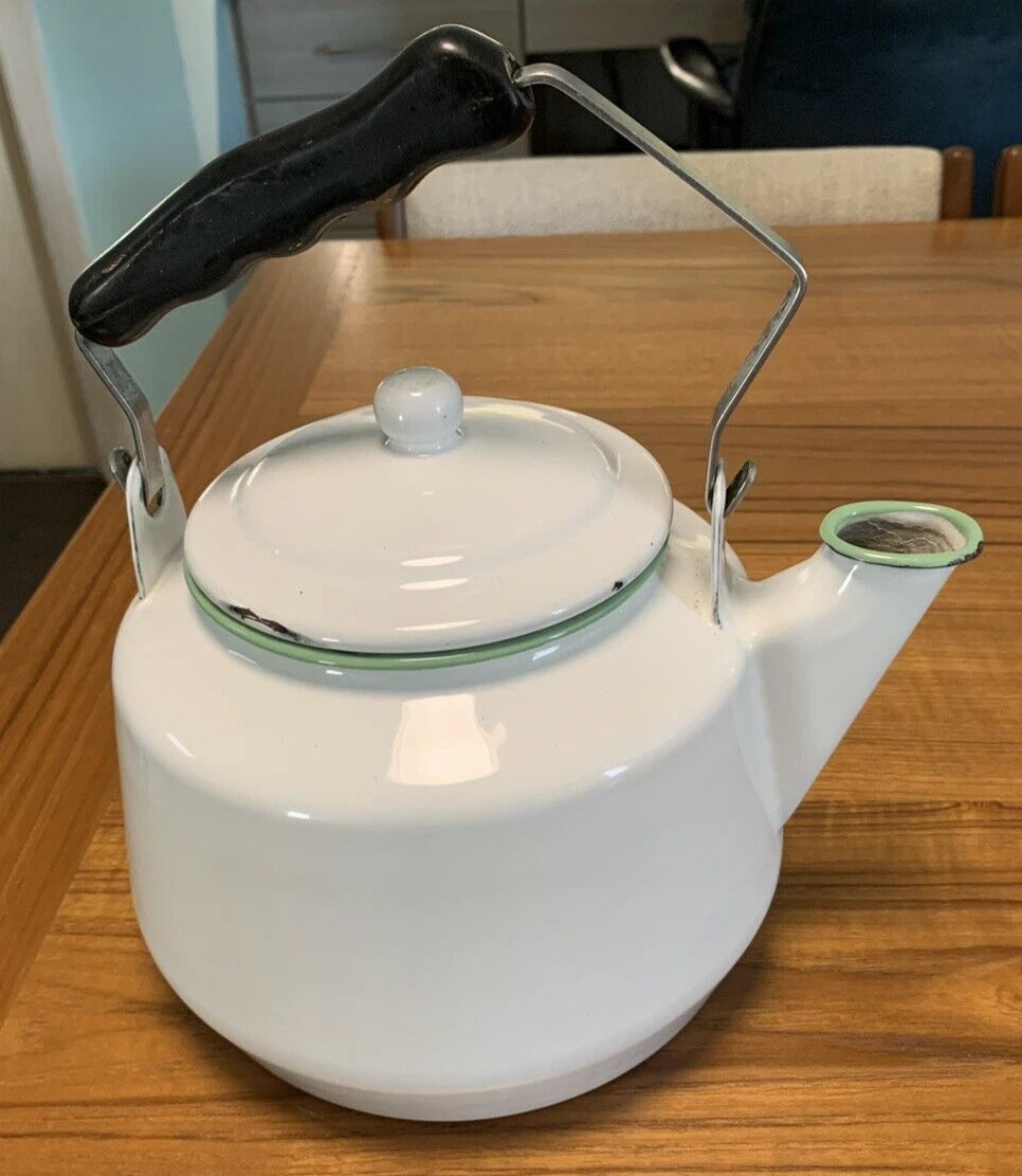 Vintage White Enamelware Tea Kettle Teapot Green Trim Farmhouse Cottage Core | eBay