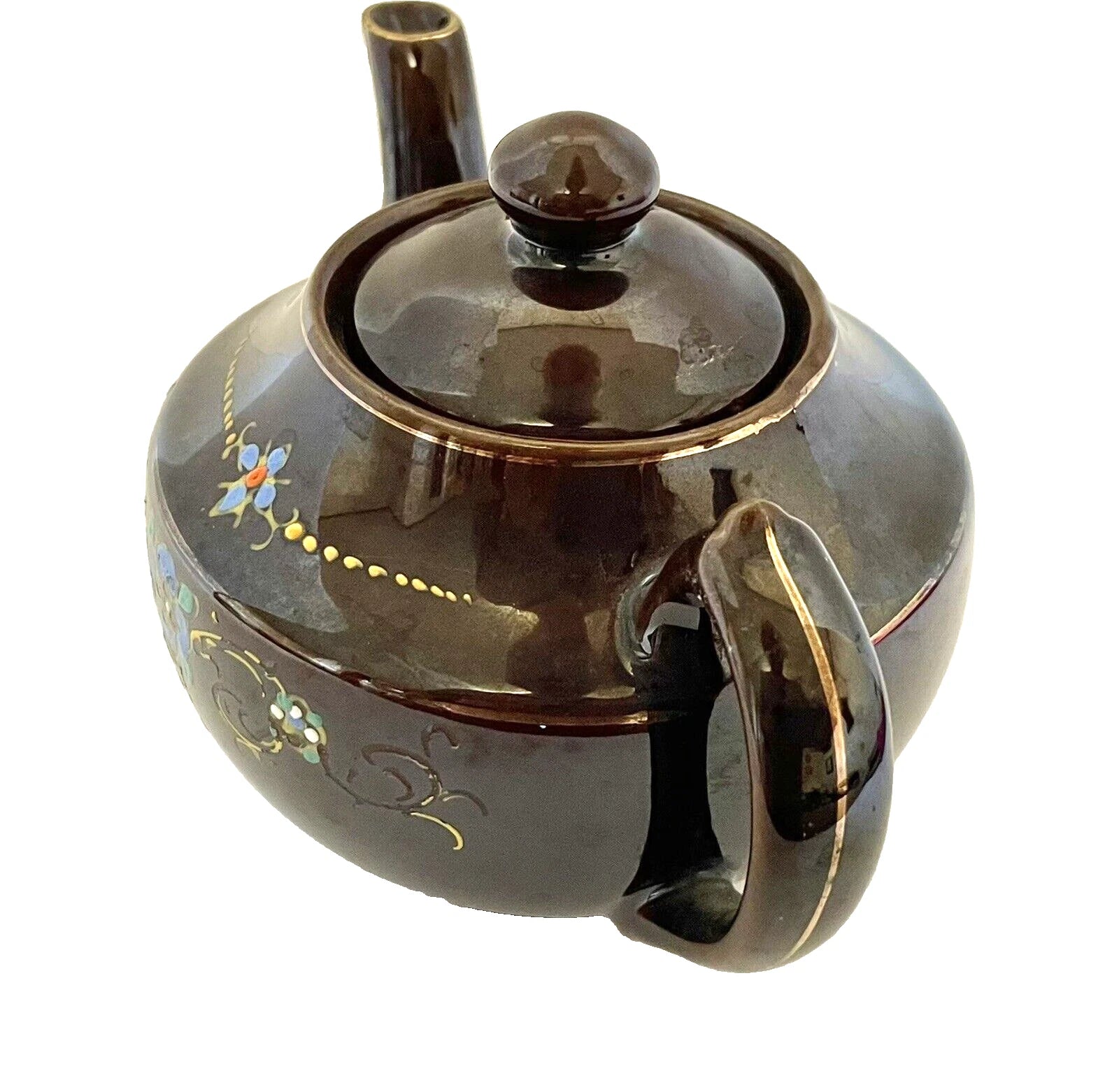 Redware Small Teapot Gold Trim Hand Painted Enamel Flowers Vintage Japan | eBay