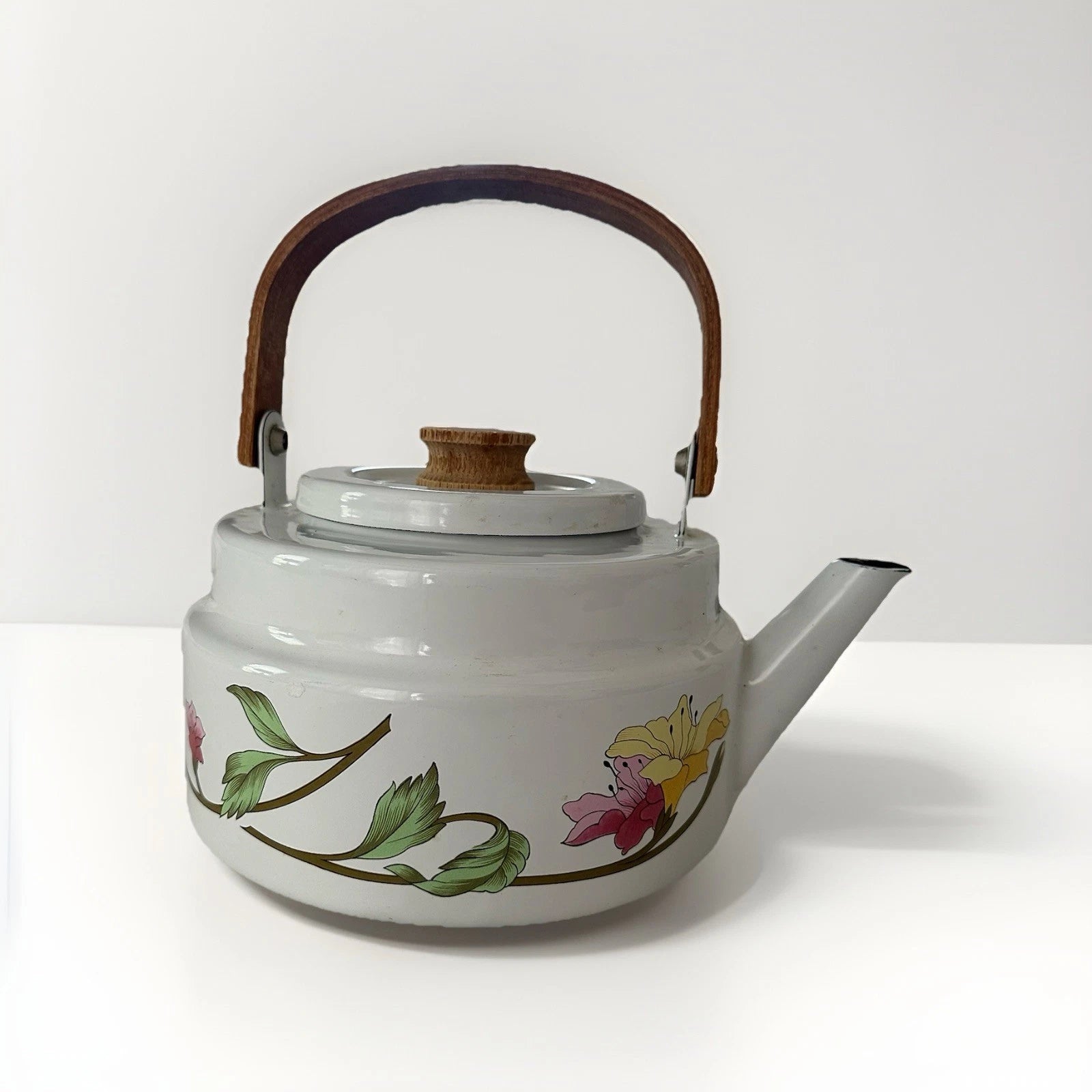 Vintage Gailstyn-Sutton White Enamel Floral Teapot Tea Kettle Wooden Handle 80’s | eBay