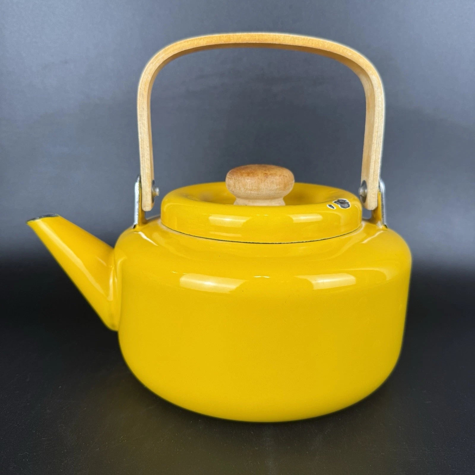 Vintage Yellow Enamel Teapot Tea Kettle MCM Wood Handle | eBay