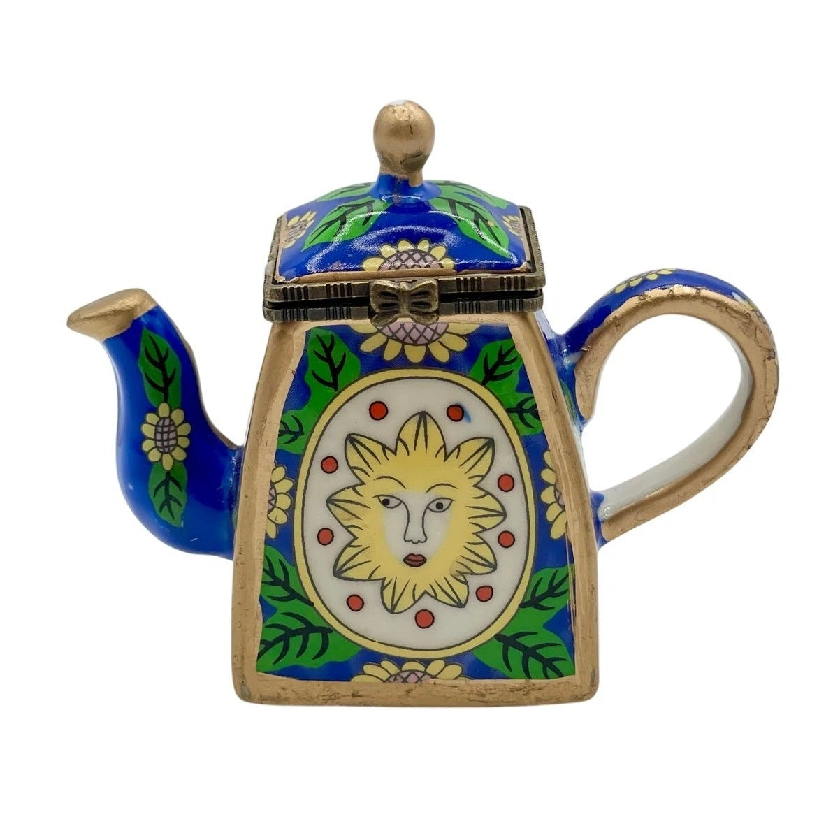 Miniature Blue Enamel Teapot Yellow Sun Face with Sunflower Charm Porcelain 3.5” | eBay
