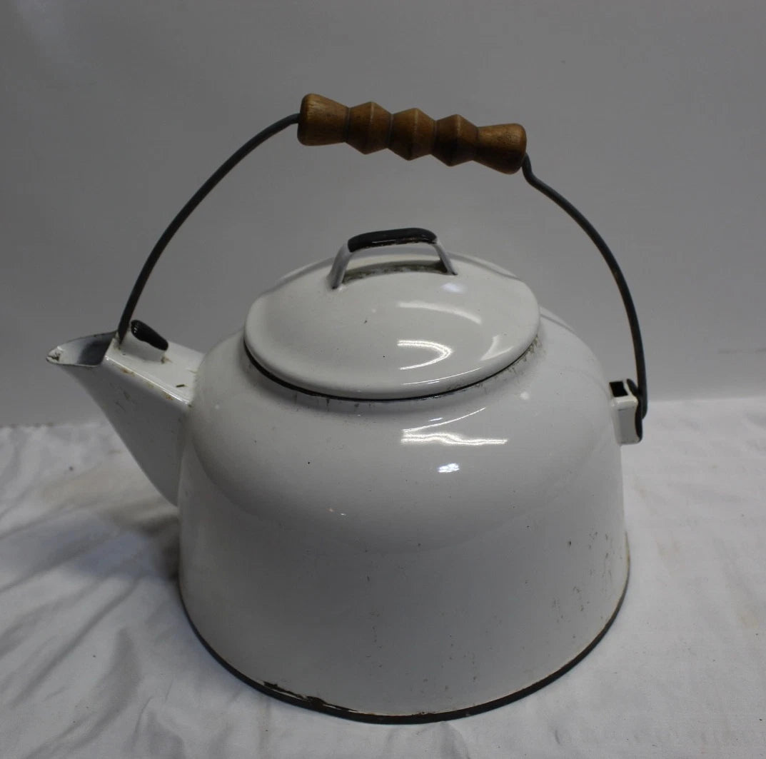Vintage White Enamelware Tea Kettle Teapot/ Black Trim Farmhouse Decor Only | eBay