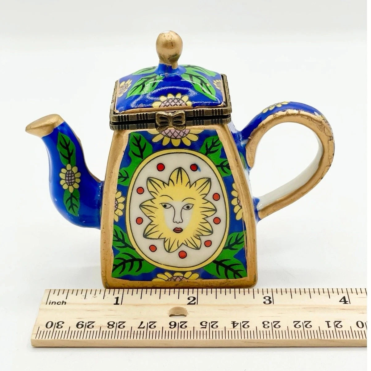 Miniature Blue Enamel Teapot Yellow Sun Face with Sunflower Charm Porcelain 3.5” | eBay