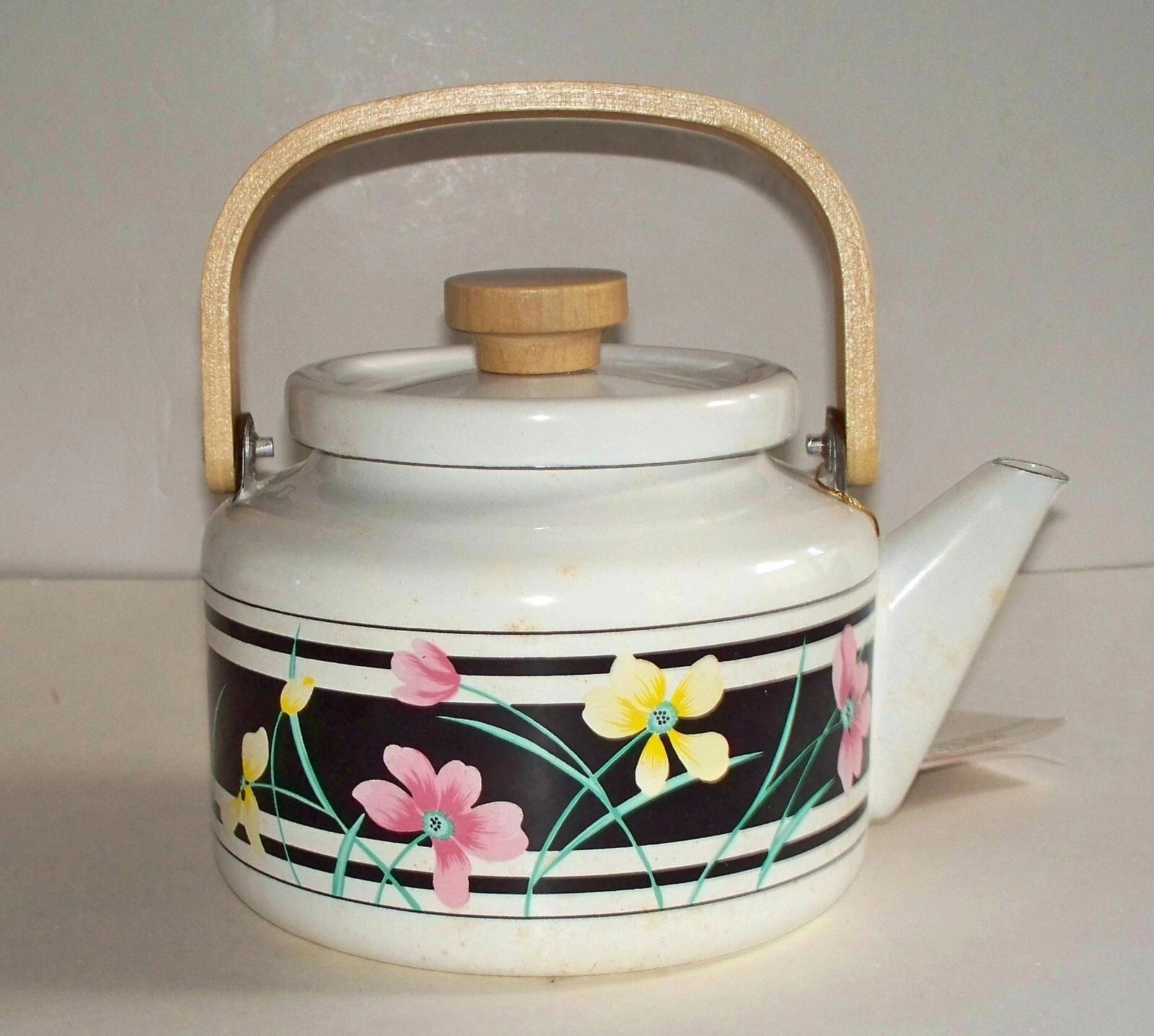 NIB TEAPOT 2.5 QT. PORCELAIN ENAMEL TEA KETTLE WOOD HANDLE White Multi | eBay