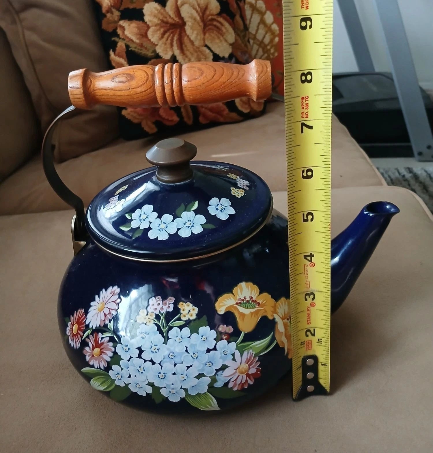 Vintage 80s Flower Garden Navy Blue Enamel Teapot Wooden Handle Cottage Kitchen | eBay