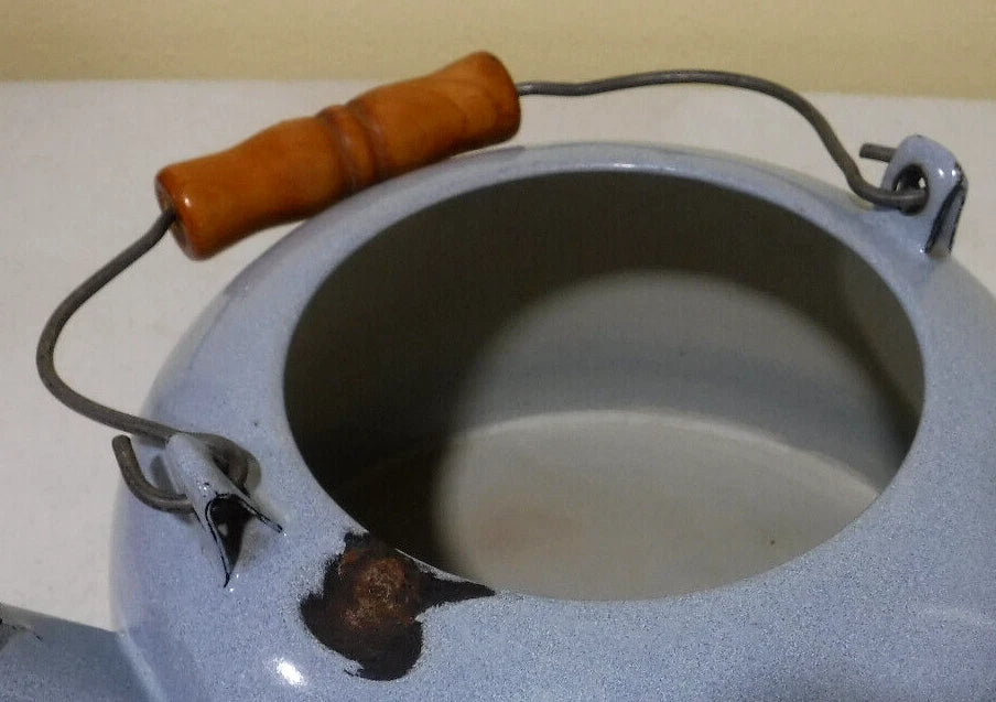 Vintage Enamel Light Blue Speckled Teapot with Wood Handle | eBay