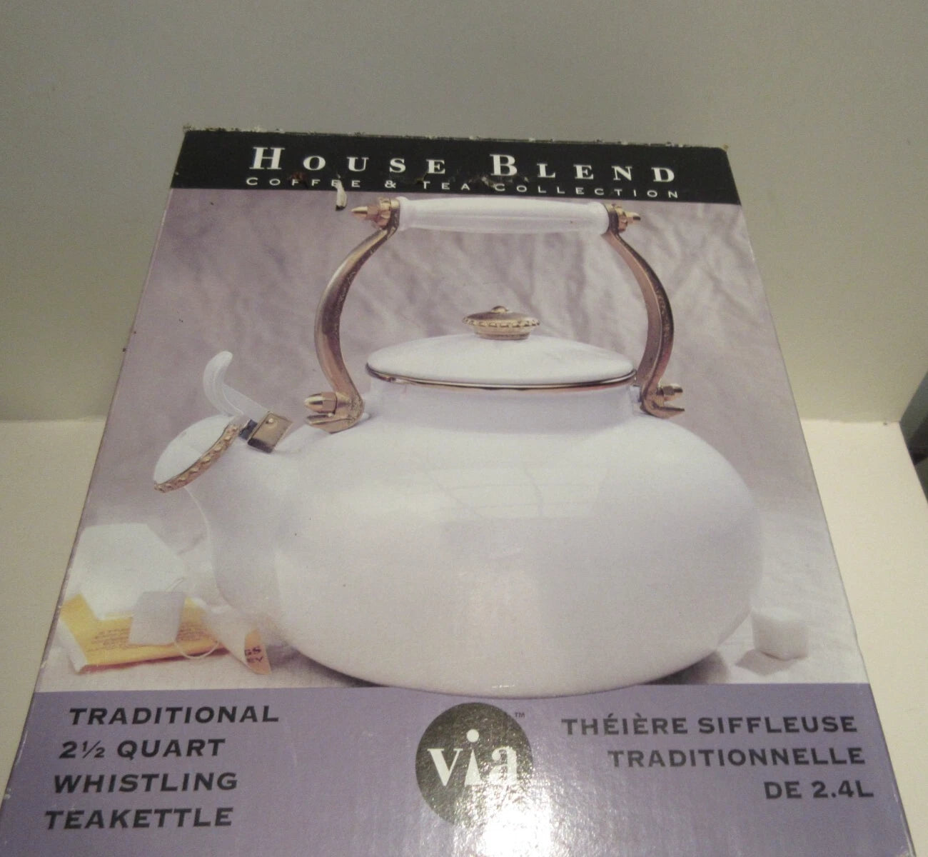 Via Ancona Teapot White Enamel and Antique Brass Finish Whistling Kettle 1998 | eBay