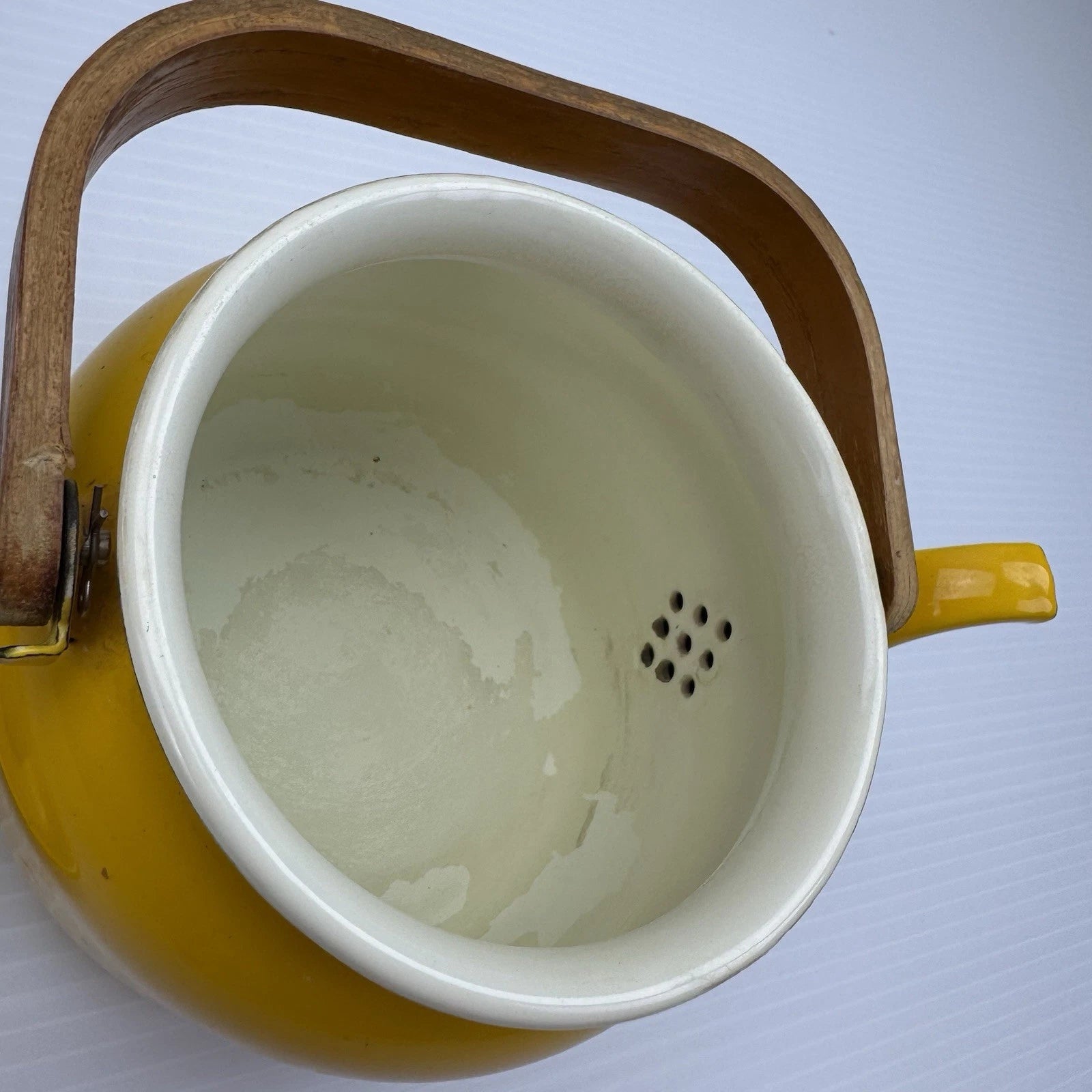 Vintage MCM Yellow Enamel Tea Kettle Teapot With Lid Wood Handle EnamelWare | eBay