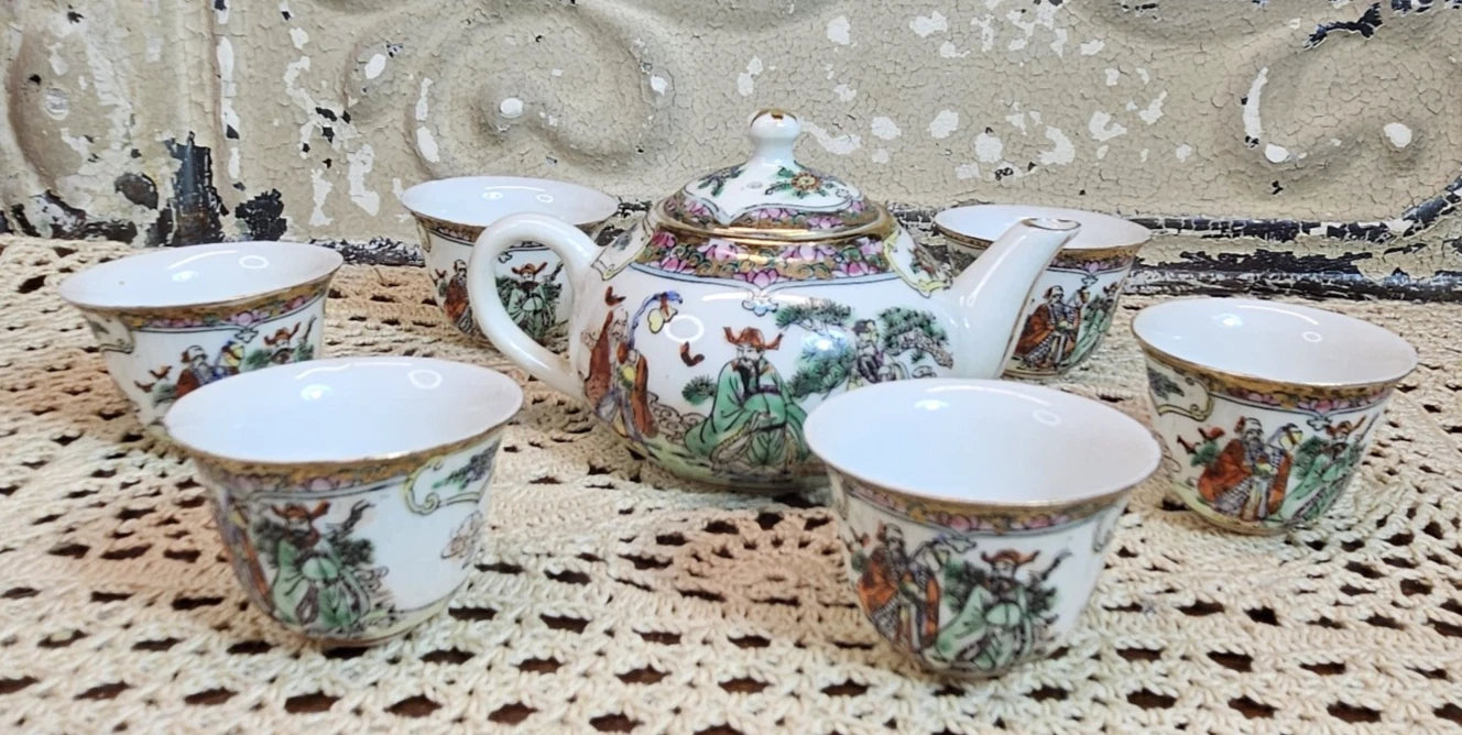 8 Piece Vintage Miniature Enamel on Porcelain Asian Teapot & Tea Cups | eBay