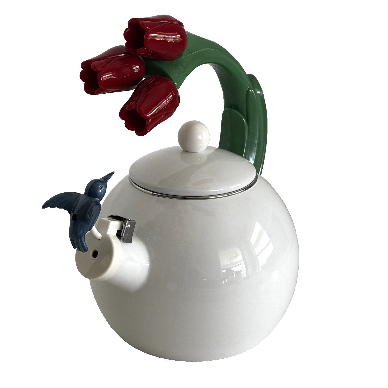 Ancona Kettle Hummingbird Tulips Enamel Teapot Red White Blue Green VTG 1990s | eBay