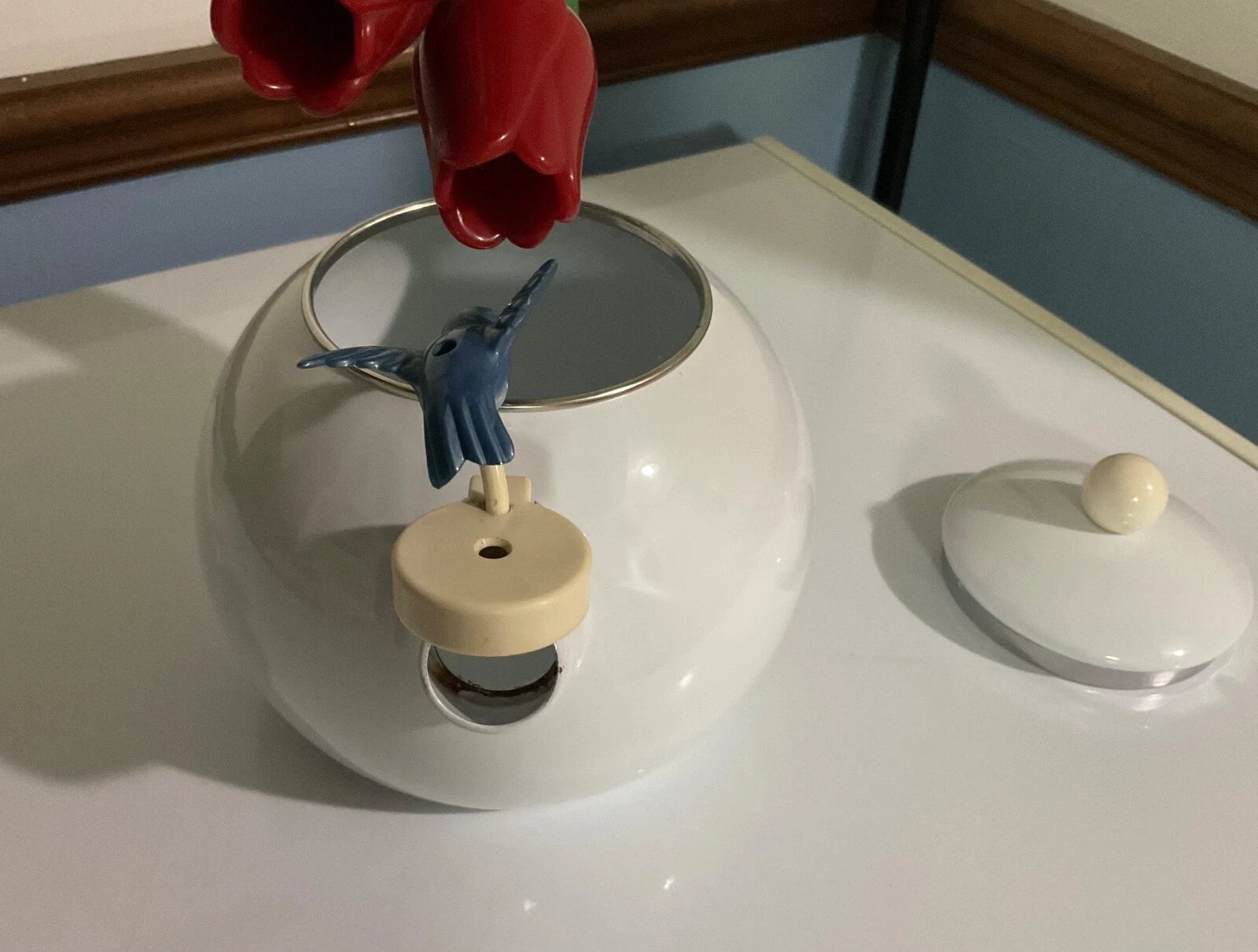 90s Ancona Hummingbird & Tulips White Enamelware Kettle Teapot. Beautiful! | eBay