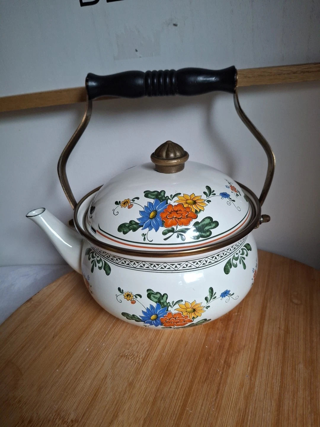 Vtg Enamel Ware Floral Teapot Kettle With Wooden Handle Normandy | eBay
