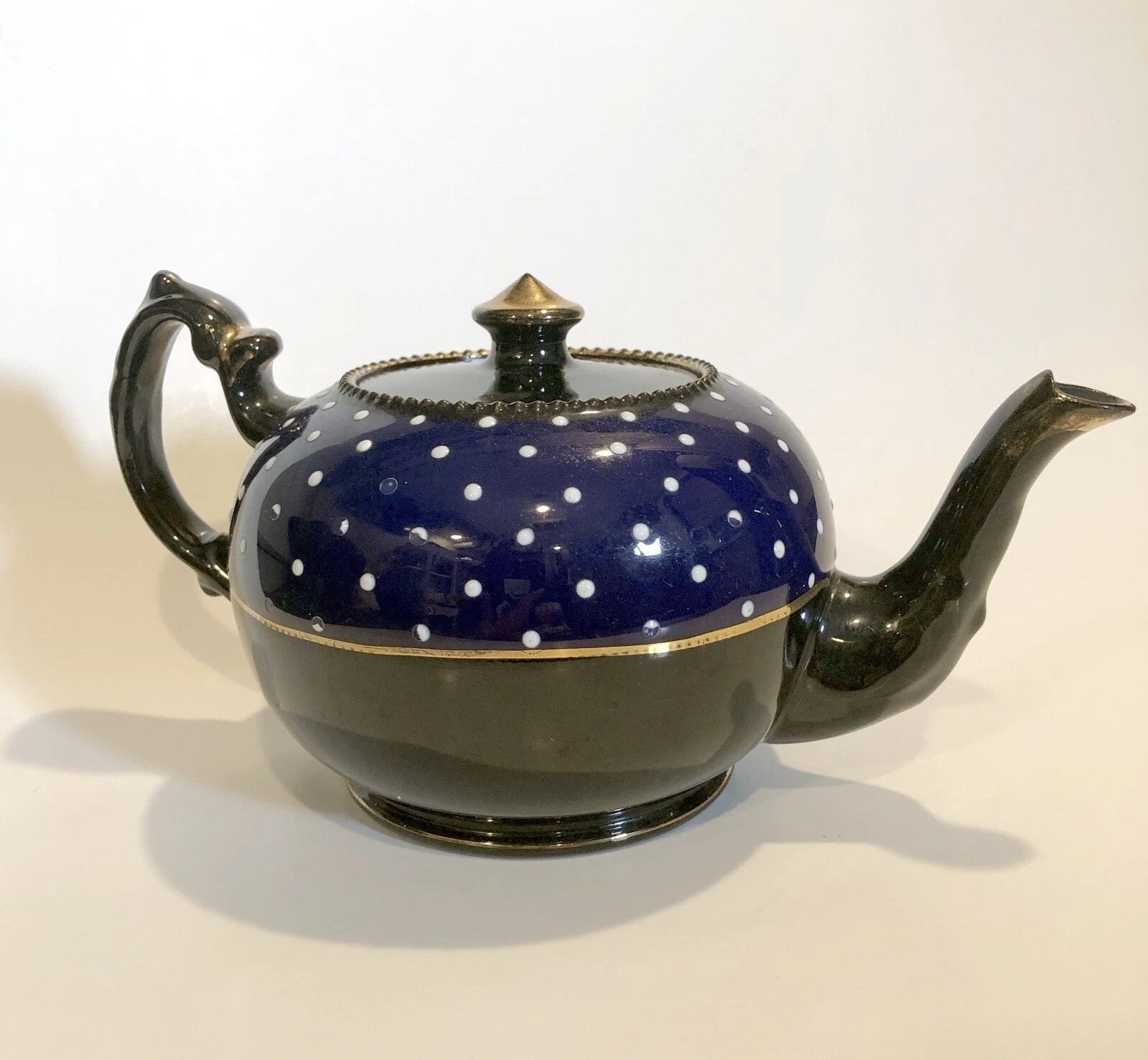 Vintage Teapot Cobalt Blue, Jet Black, White Enameled Dots with Gold Accents | eBay