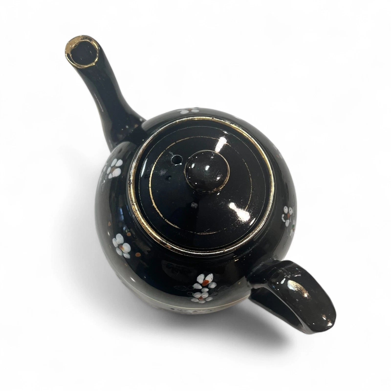 Vintage Black Glazed Teapot with Hand Painted Enamel Flowers & Gold Trim c1930s | eBay