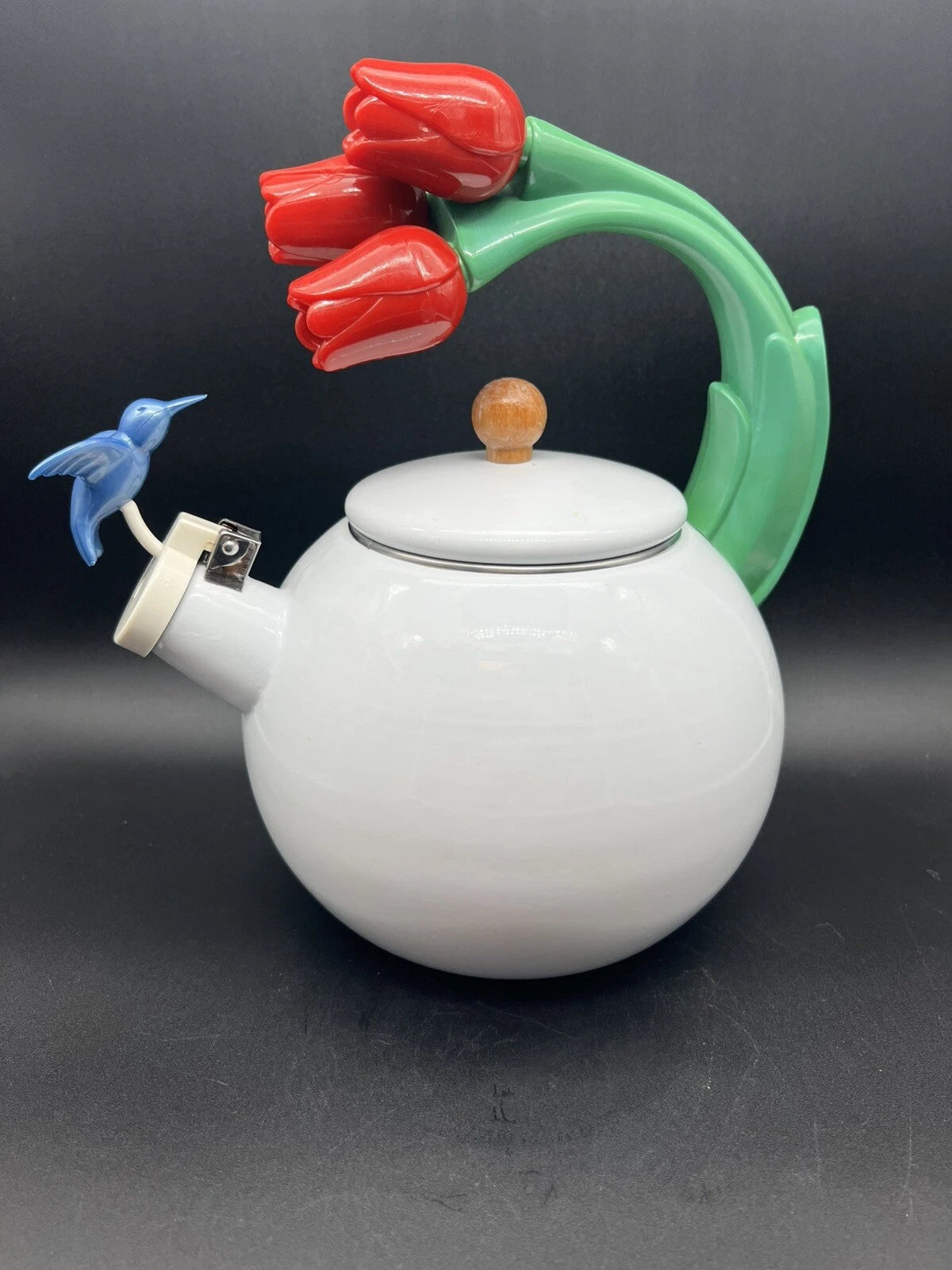 Enamel Metal Teapot Kettle With Tulips Handle And A Humming Bird. | eBay