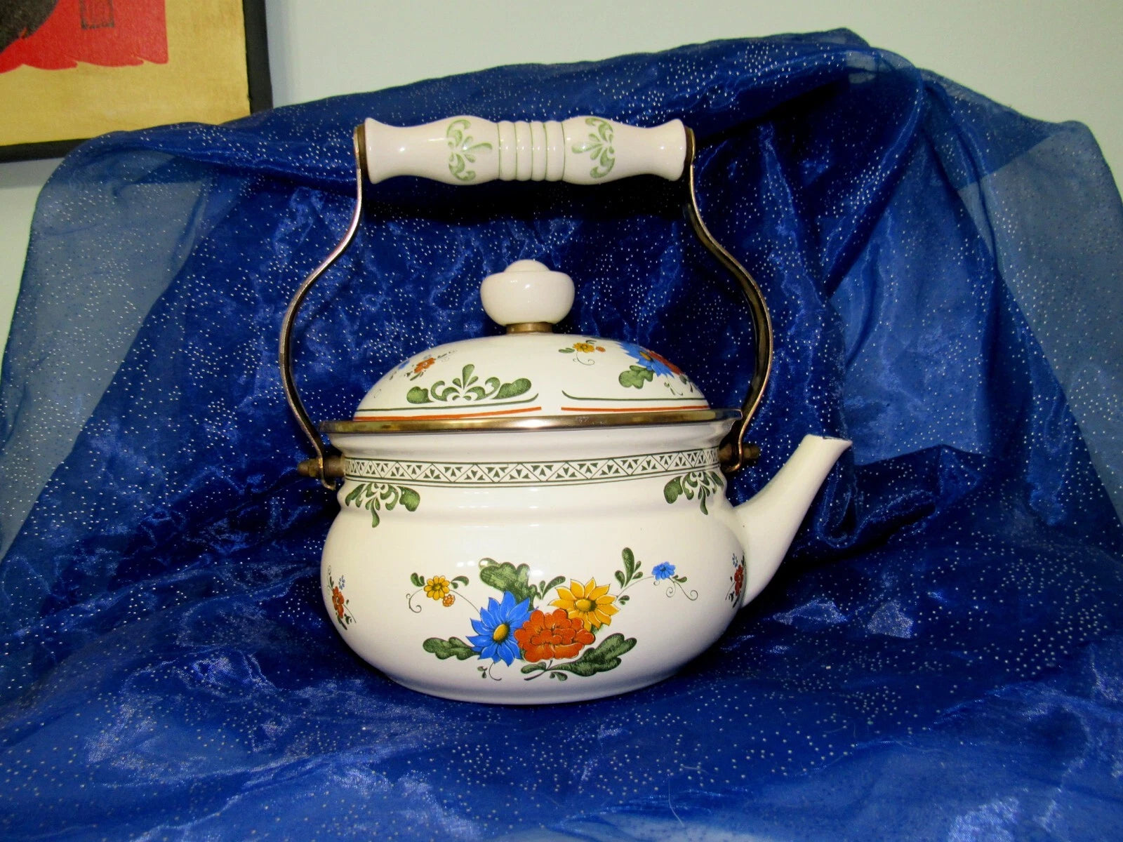 Vtg Enamel Teapot 1980s Porcelain Floral Kettle Tea Pot Farmhouse Ceramic Handle | eBay