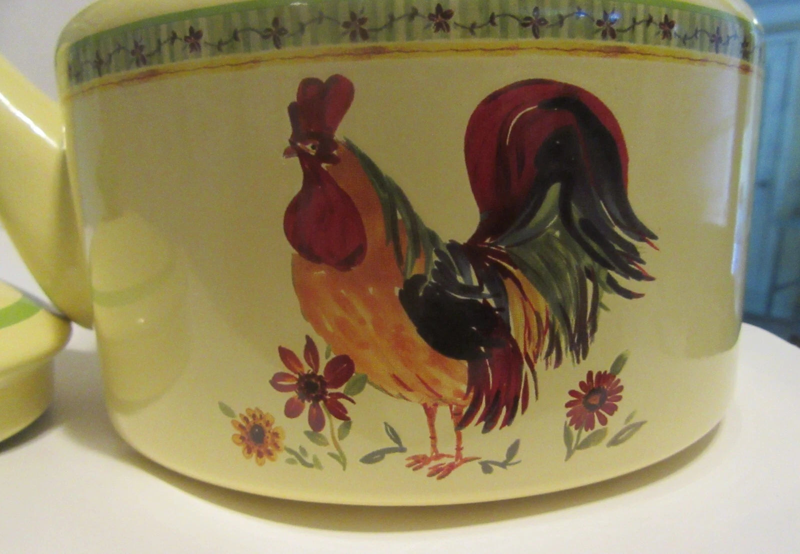 Rooster with flowers painted enamel Metal Tea Pot never used | eBay