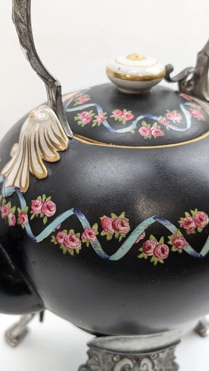 Antique Teapot Kettle on Stand Victorian Meriden Silver Plate Porcelain Enamel | eBay
