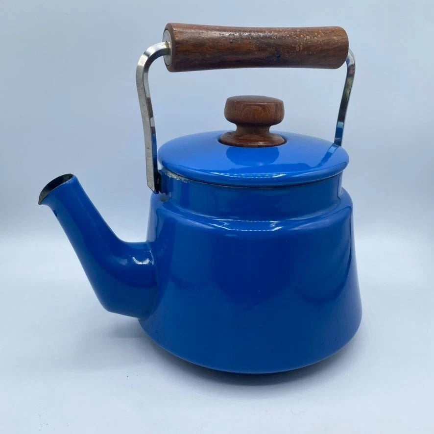Vintage Dansk Kobenstyle Cobalt Blue Enamel Teapot Wooden Handle MCM Decor READ | eBay