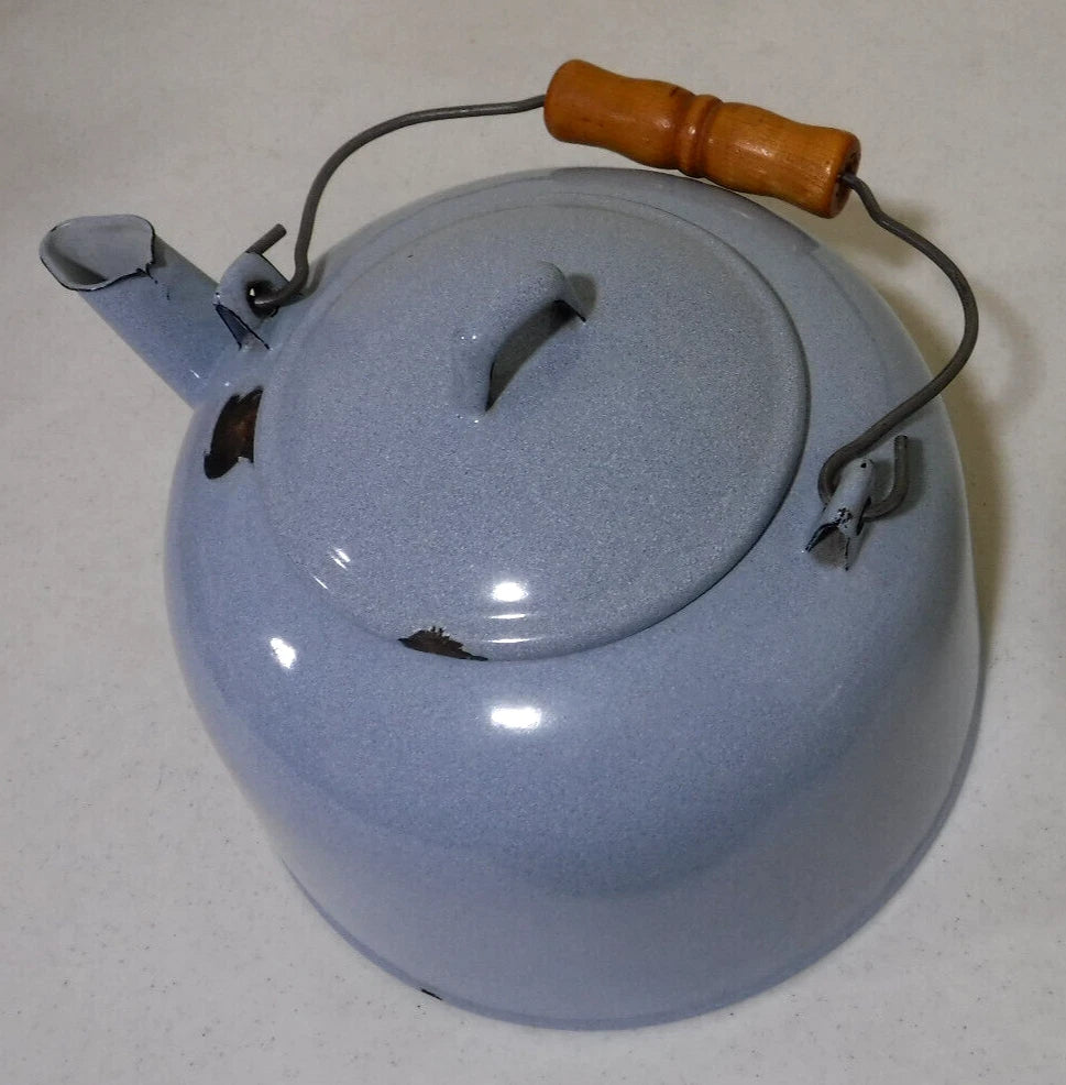 Vintage Enamel Light Blue Speckled Teapot with Wood Handle | eBay