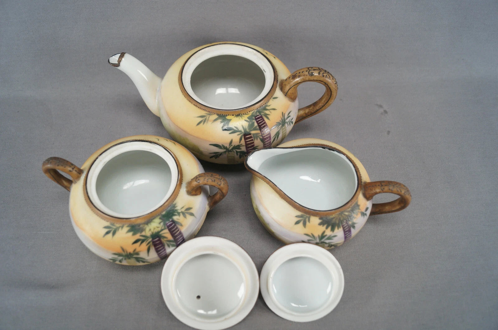 Nippon Hand Painted Landscape Scene Palm Trees Enamel Teapot Creamer & Sugar | eBay