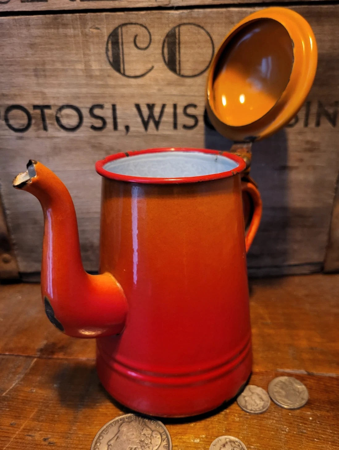 Vintage Enamel Tea Coffee Pot Orange Red Enamelware Hinged Lid Bassano Italy | eBay