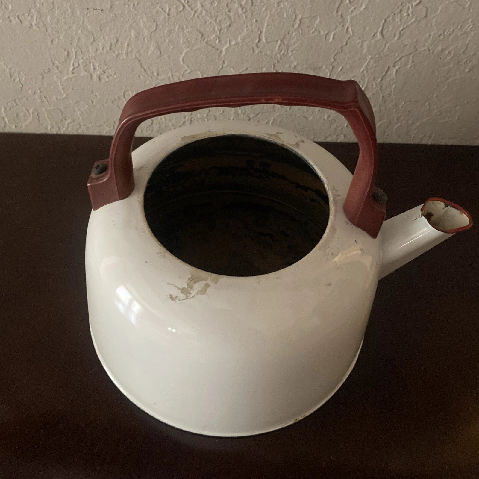 Vintage Antique 1920’s Enamel Tea Pot White Red & Brown Trim Very Good Condition | eBay