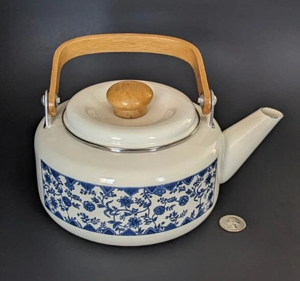 Charming White Enamel Ware Blue Flowers 9” w Spout Teapot Beautiful Excellent | eBay