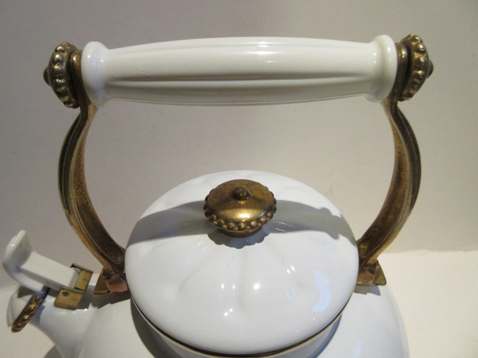 Via Ancona Teapot White Enamel and Antique Brass Finish Whistling Kettle 1998 | eBay