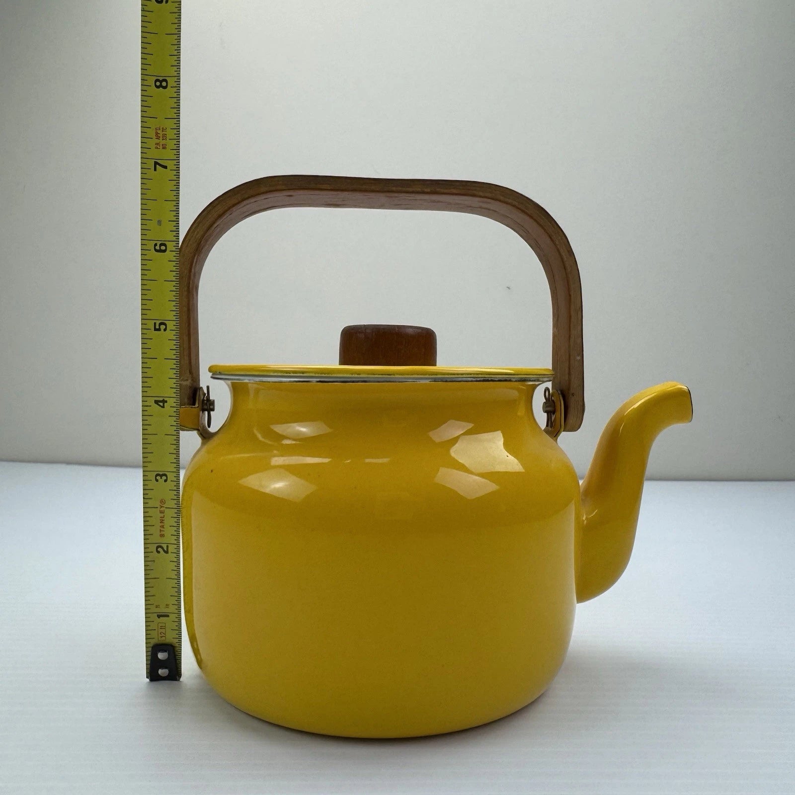 Vintage MCM Yellow Enamel Tea Kettle Teapot With Lid Wood Handle EnamelWare | eBay