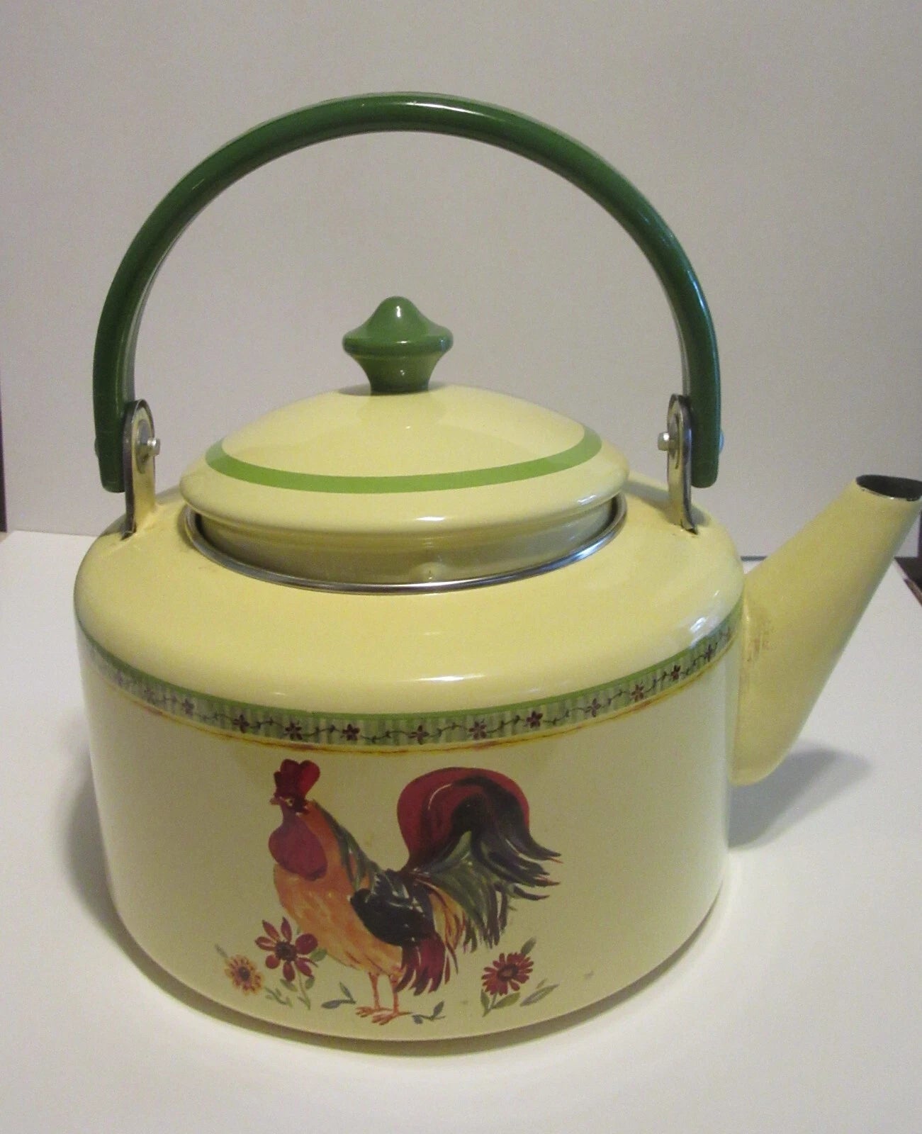 Rooster with flowers painted enamel Metal Tea Pot never used | eBay